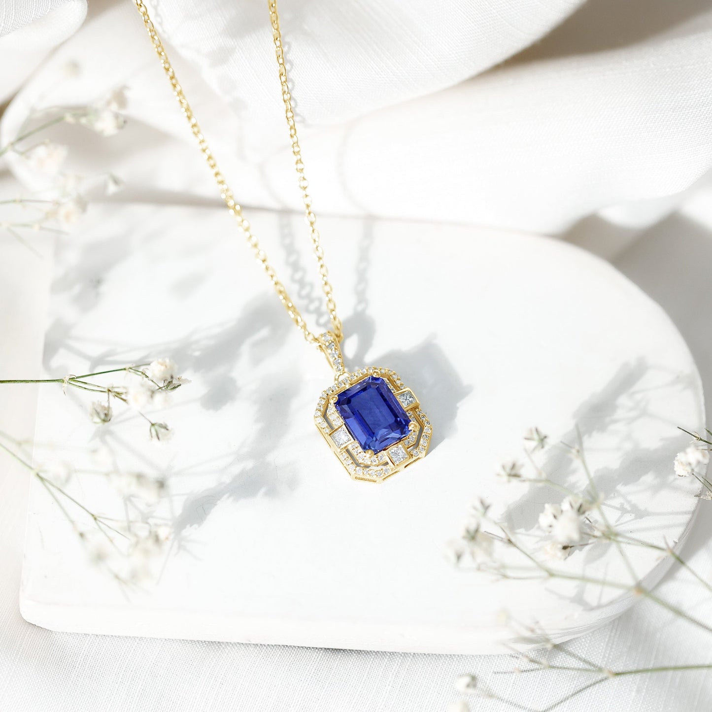 8x10mm Emerald Cut Lab Created Blue Sapphire Vintage Necklace with Diamond