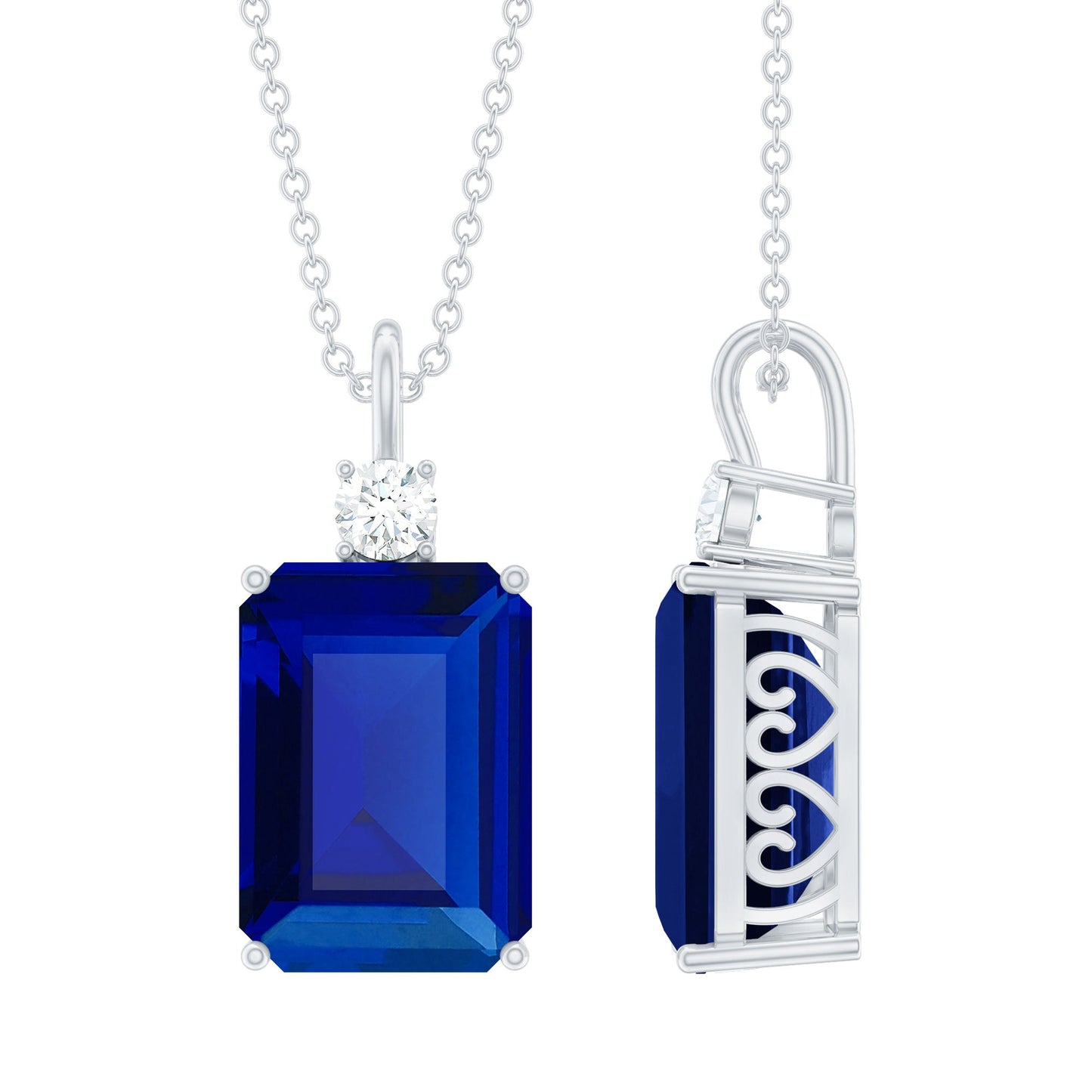 9 Carat Lab Grown Blue Sapphire Emerald Cut Necklace with Diamond