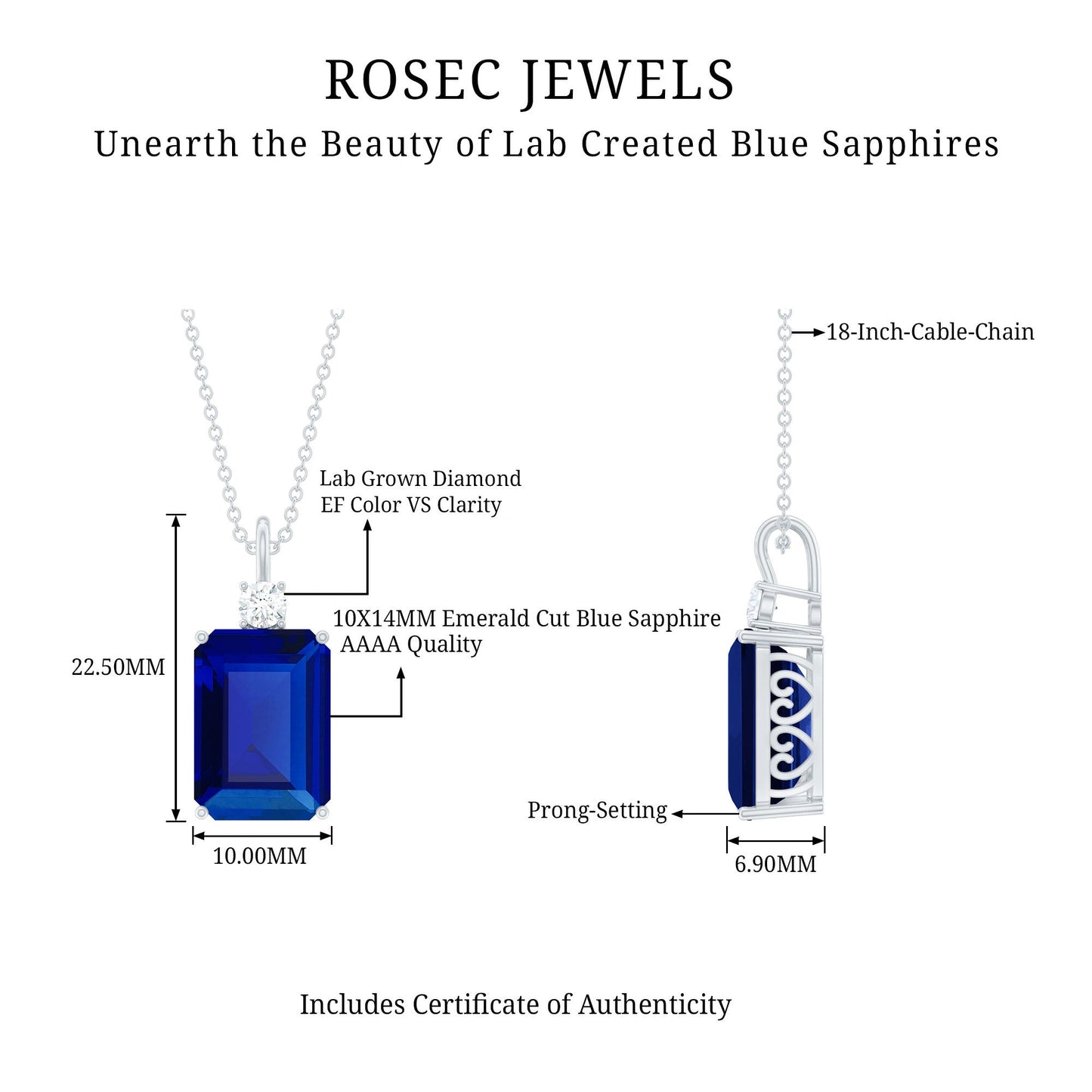 9 Carat Lab Grown Blue Sapphire Emerald Cut Necklace with Diamond