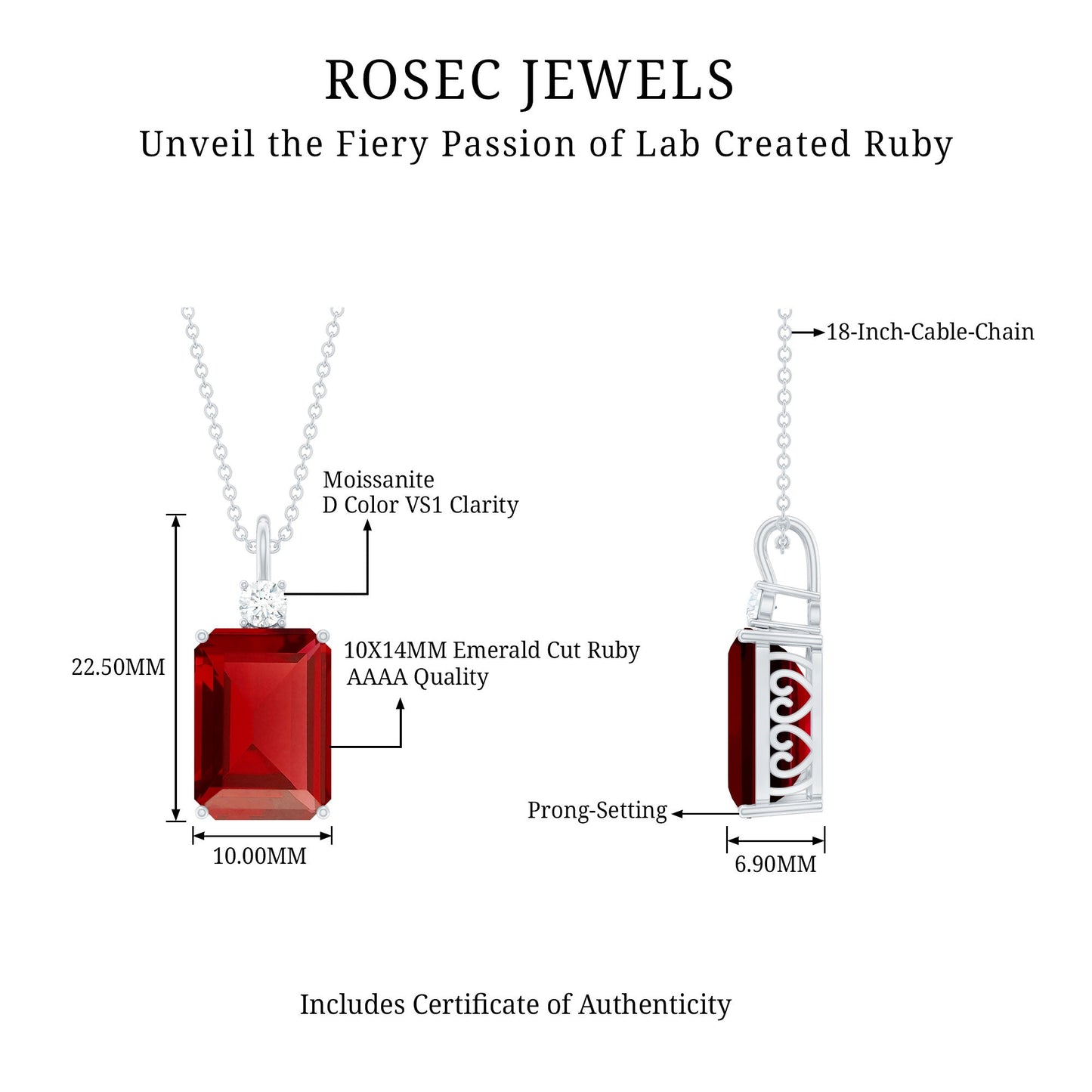 Octagon Cut Created Ruby Solitaire Pendant with Moissanite