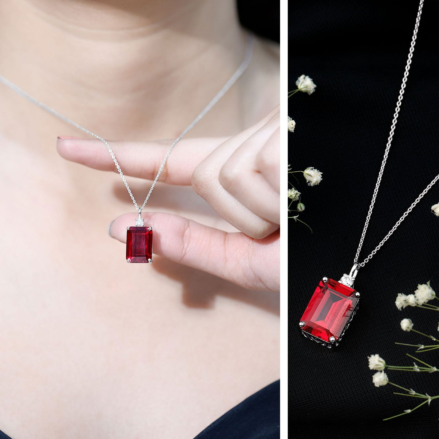 Octagon Cut Created Ruby Solitaire Pendant with Moissanite