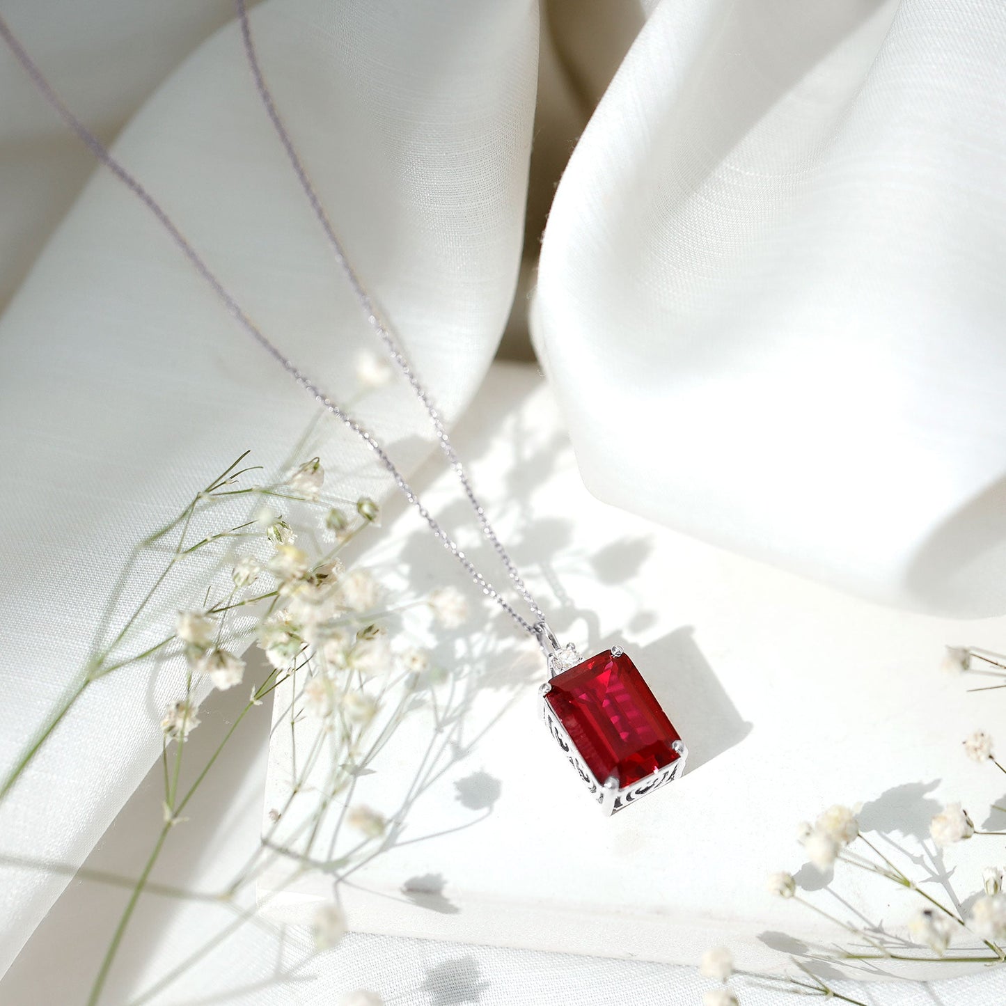 Octagon Cut Created Ruby Solitaire Pendant with Moissanite