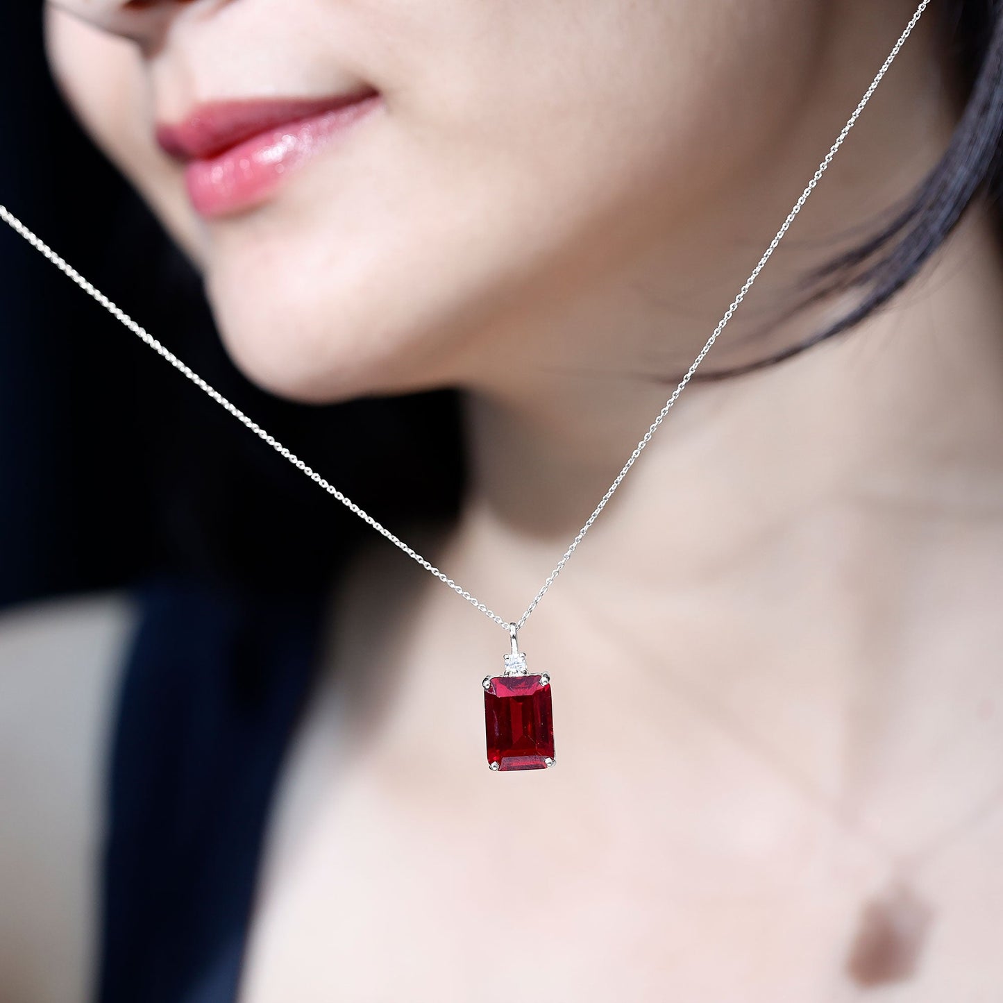 Octagon Cut Created Ruby Solitaire Pendant with Moissanite