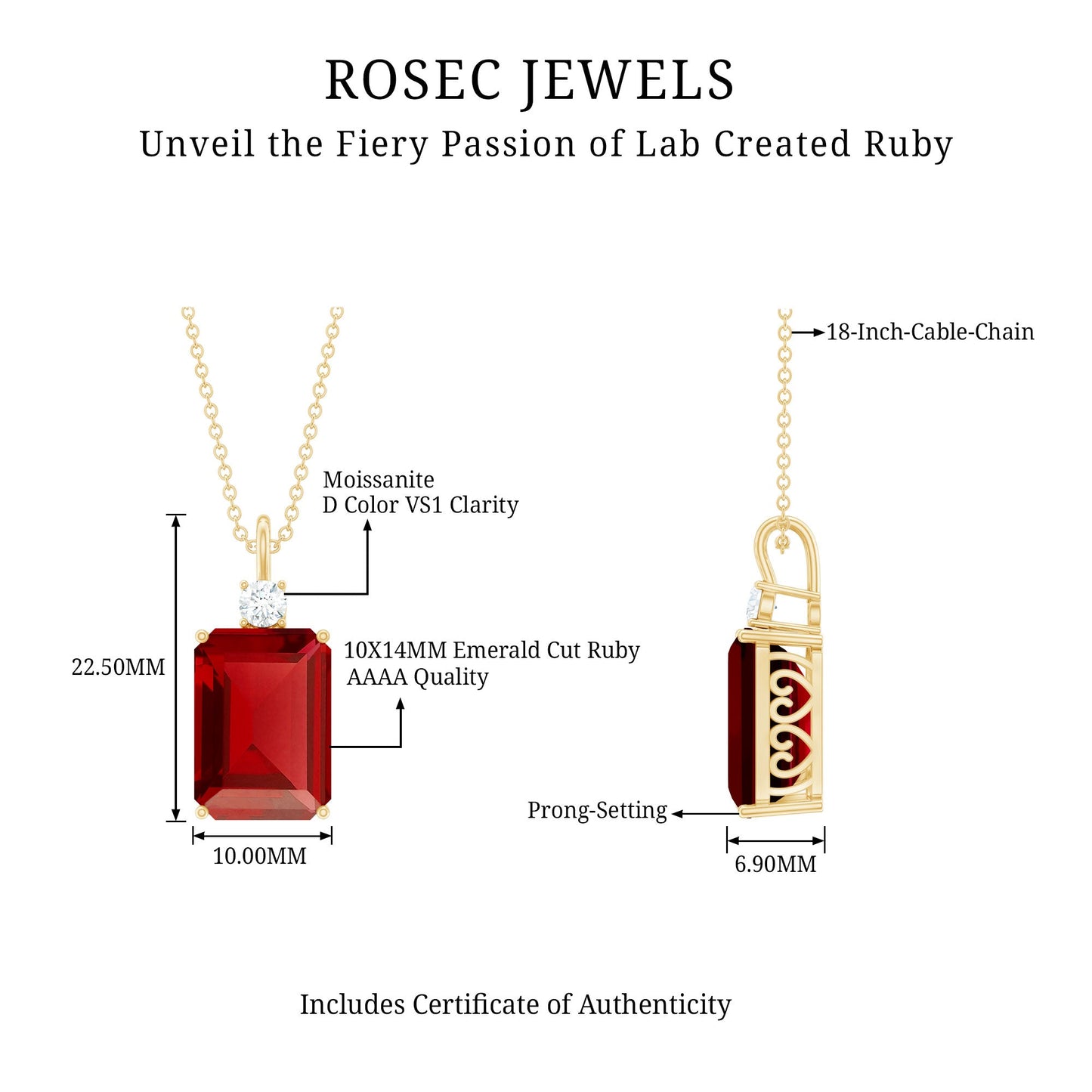 Octagon Cut Created Ruby Solitaire Pendant with Moissanite