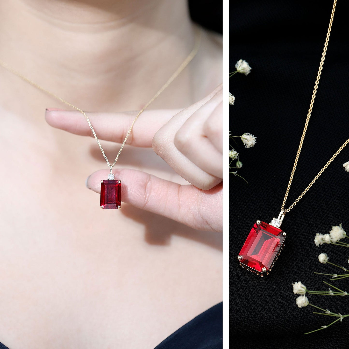 Octagon Cut Created Ruby Solitaire Pendant with Moissanite