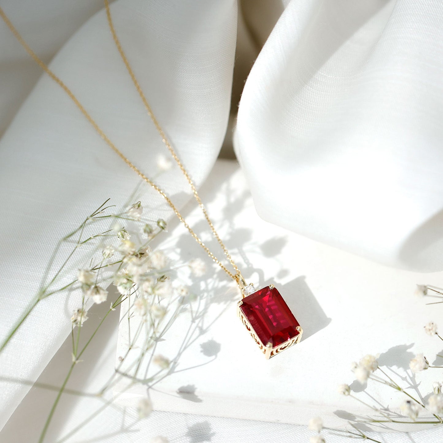 Octagon Cut Created Ruby Solitaire Pendant with Moissanite