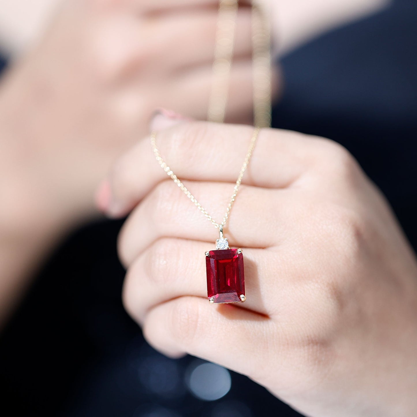 Octagon Cut Created Ruby Solitaire Pendant with Moissanite