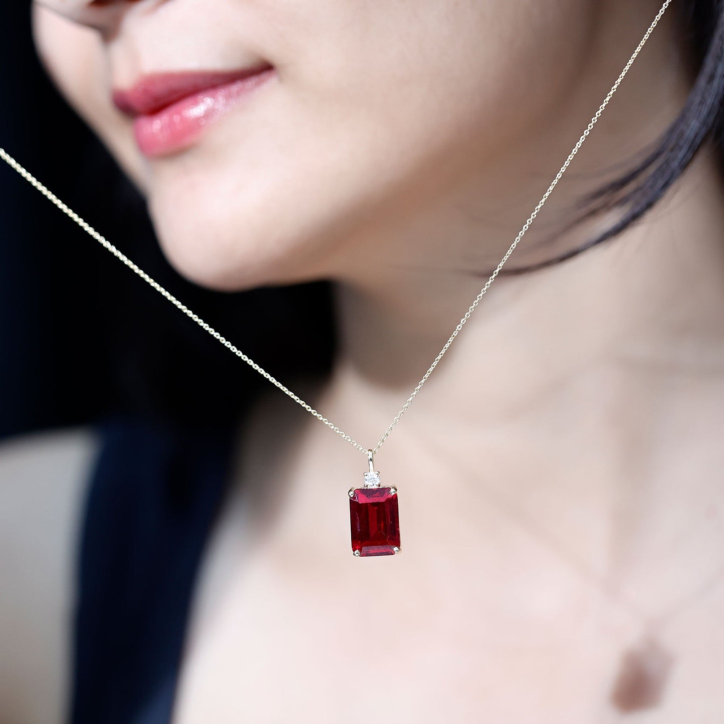 Octagon Cut Created Ruby Solitaire Pendant with Moissanite