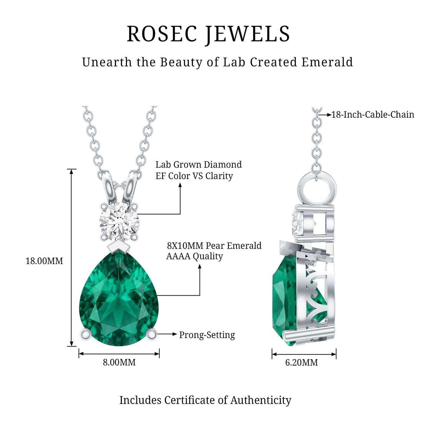 2.5 CT Lab Created Emerald Teardrop Pendant with Certificate