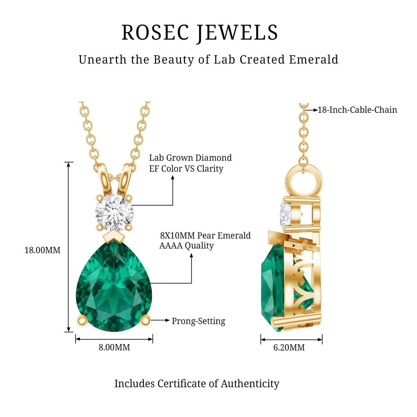 2.5 CT Lab Created Emerald Teardrop Pendant with Certificate