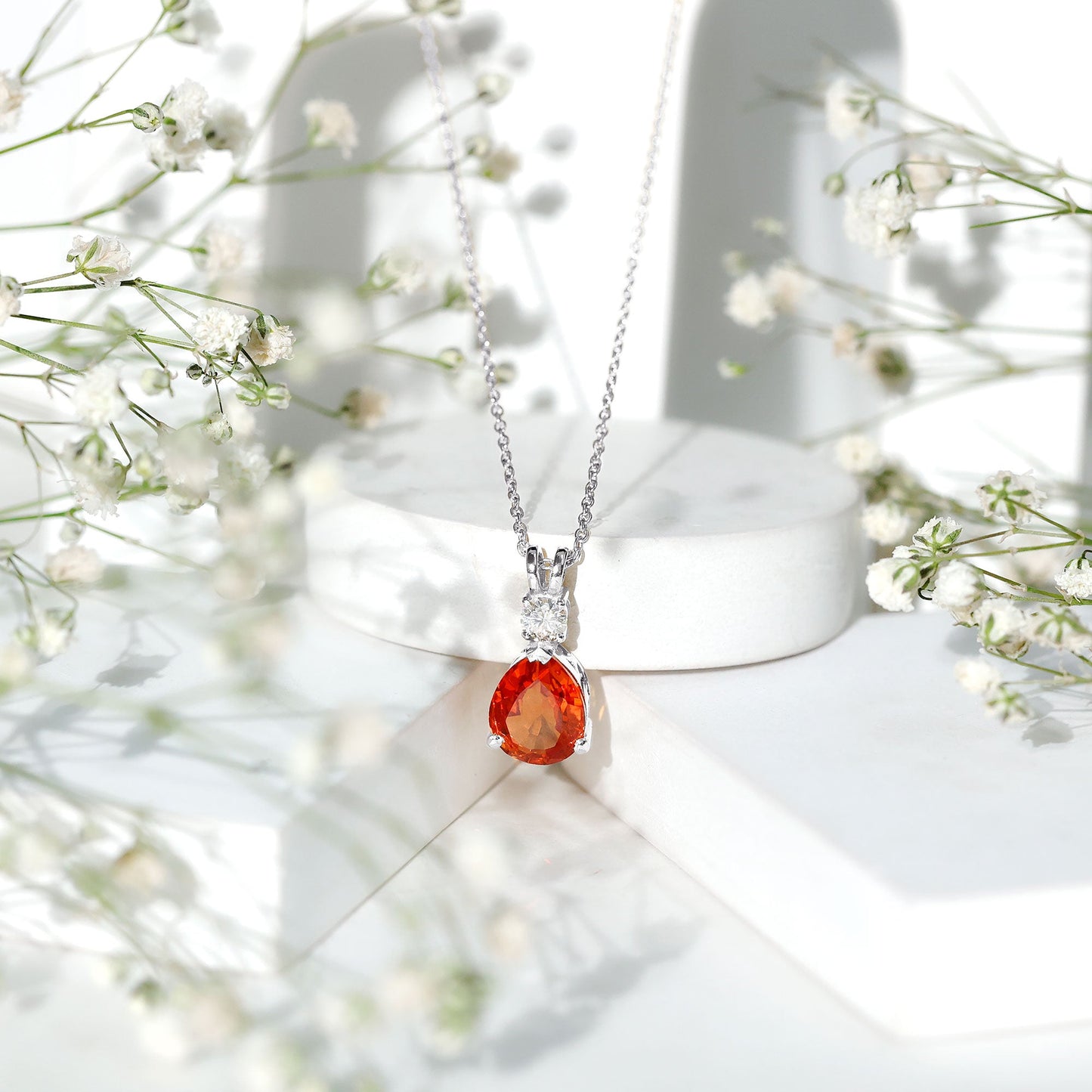 Lab Created Orange Sapphire Statement Necklace with Moissanite