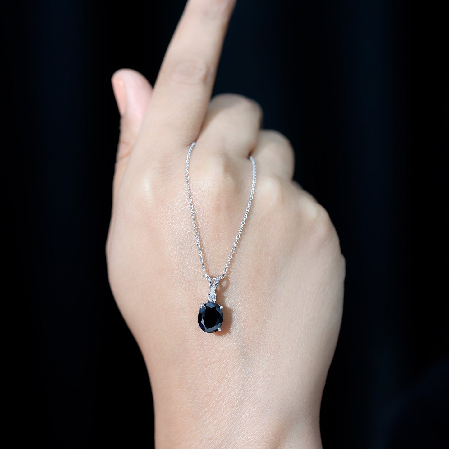 Lab Created Black Diamond Oval Necklace with Silver Chain