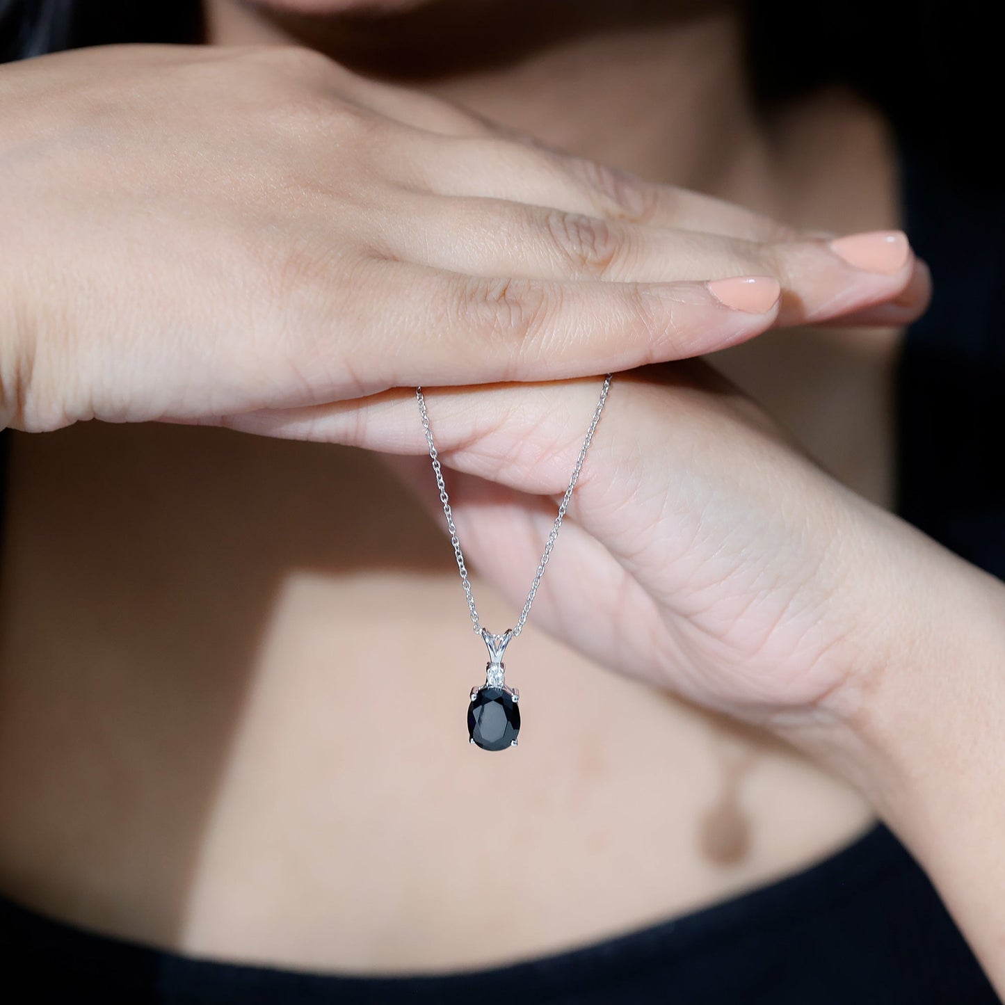 Lab Created Black Diamond Oval Necklace with Silver Chain