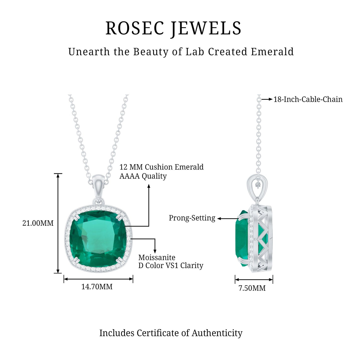 Cushion Cut Created Emerald and Moissanite Halo Pendant Necklace