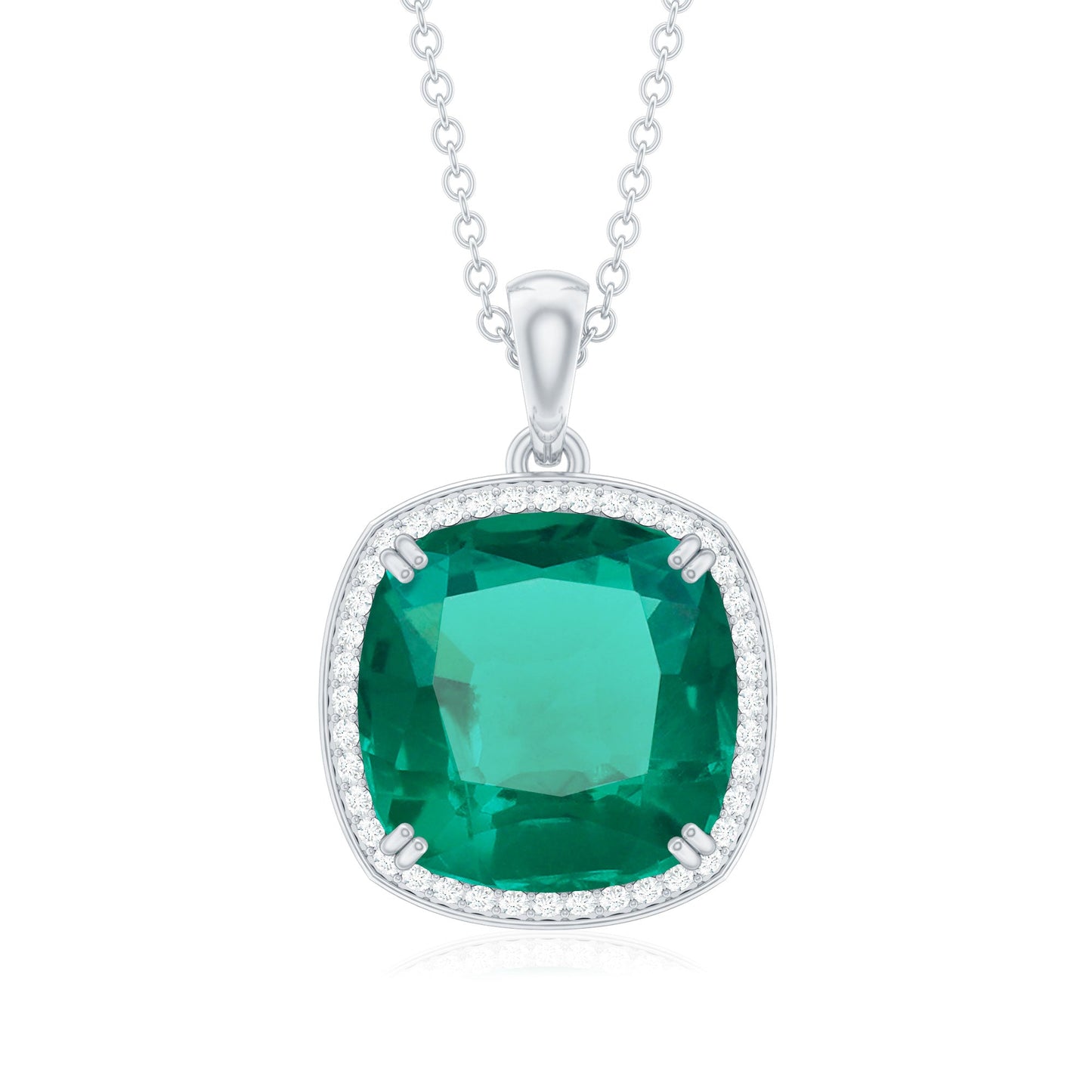 Cushion Cut Created Emerald and Moissanite Halo Pendant Necklace