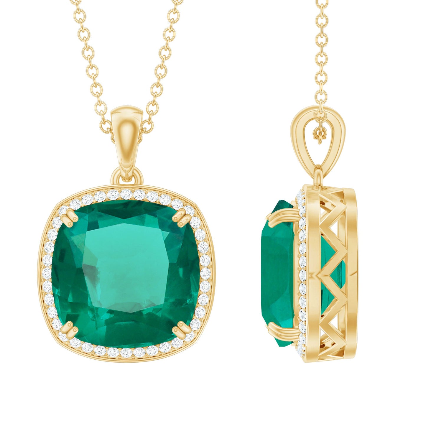 Cushion Cut Created Emerald and Moissanite Halo Pendant Necklace