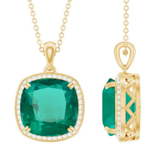 Cushion Cut Created Emerald and Moissanite Halo Pendant Necklace