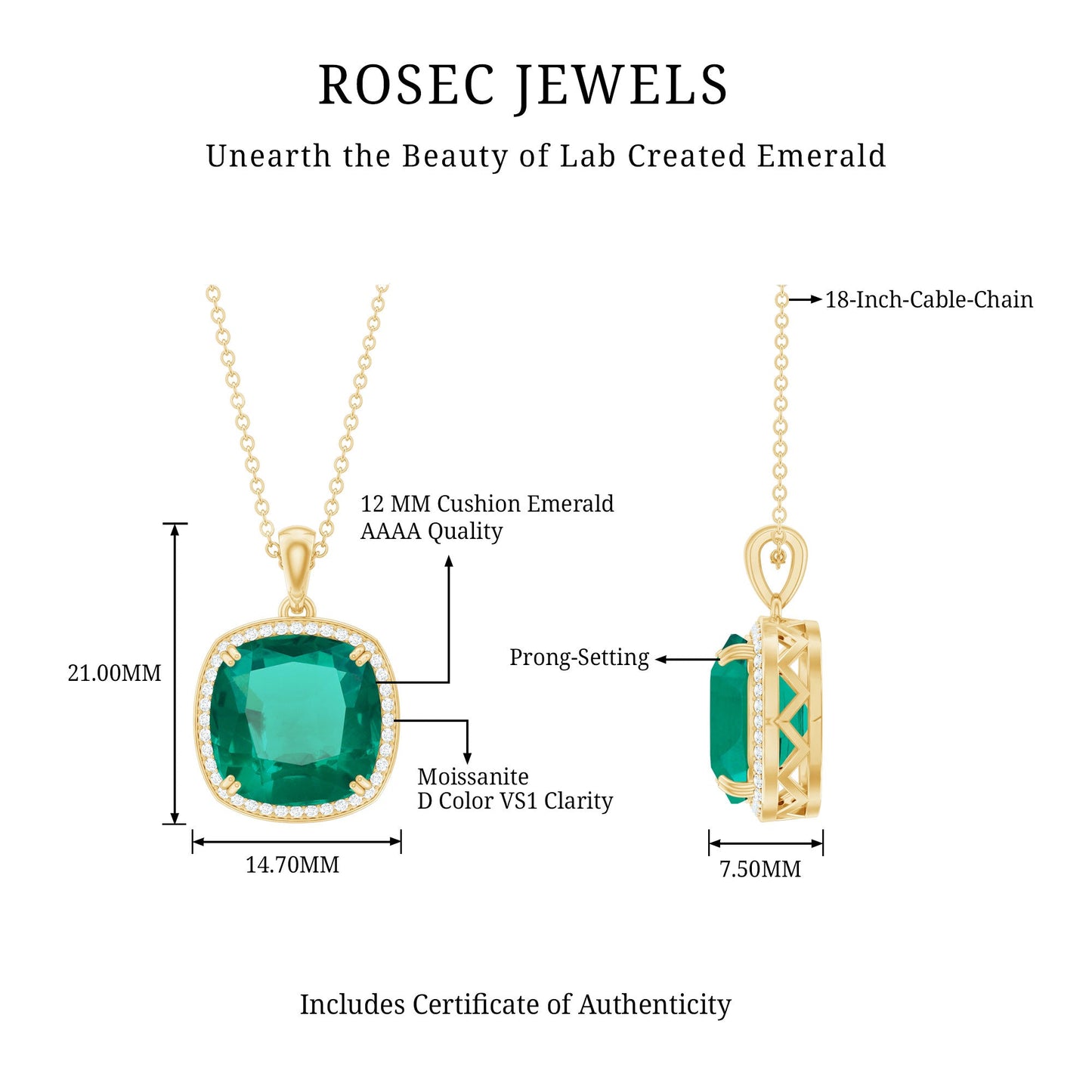 Cushion Cut Created Emerald and Moissanite Halo Pendant Necklace
