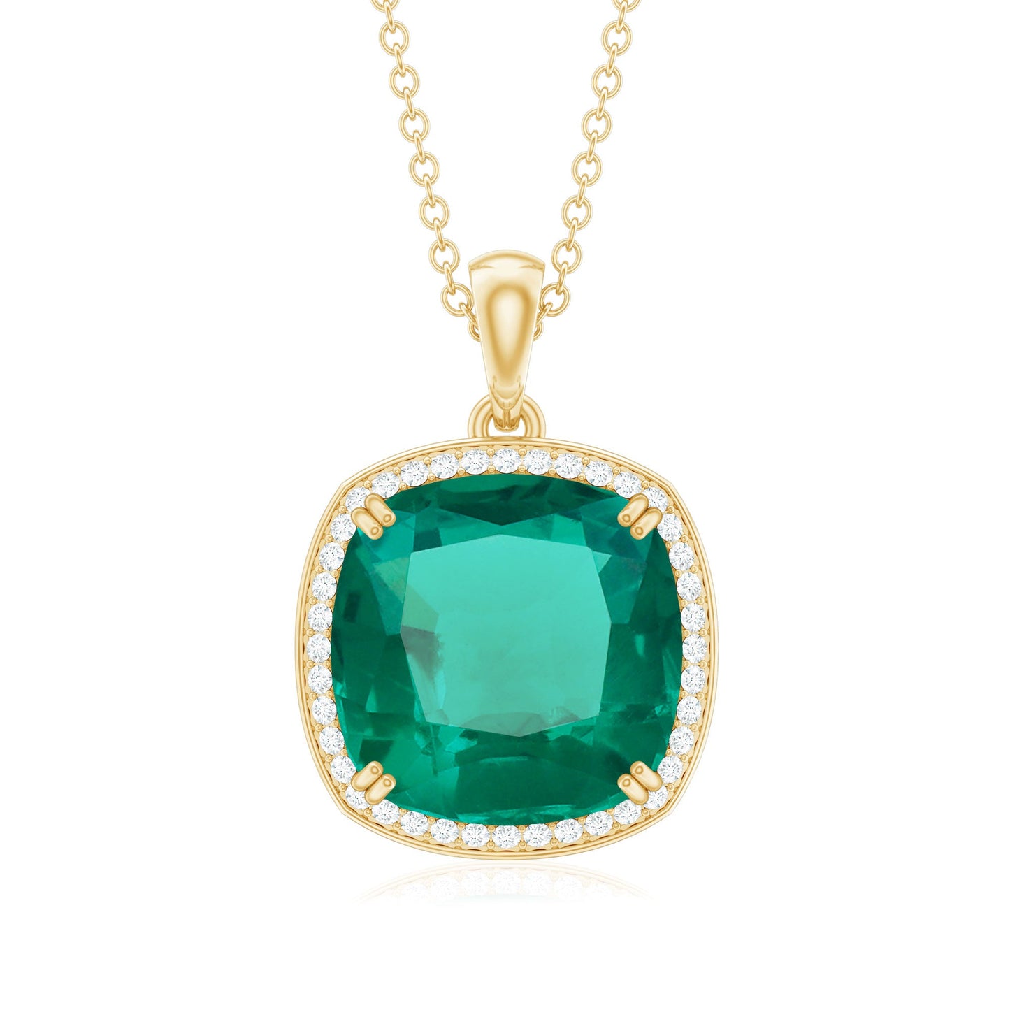 Cushion Cut Created Emerald and Moissanite Halo Pendant Necklace