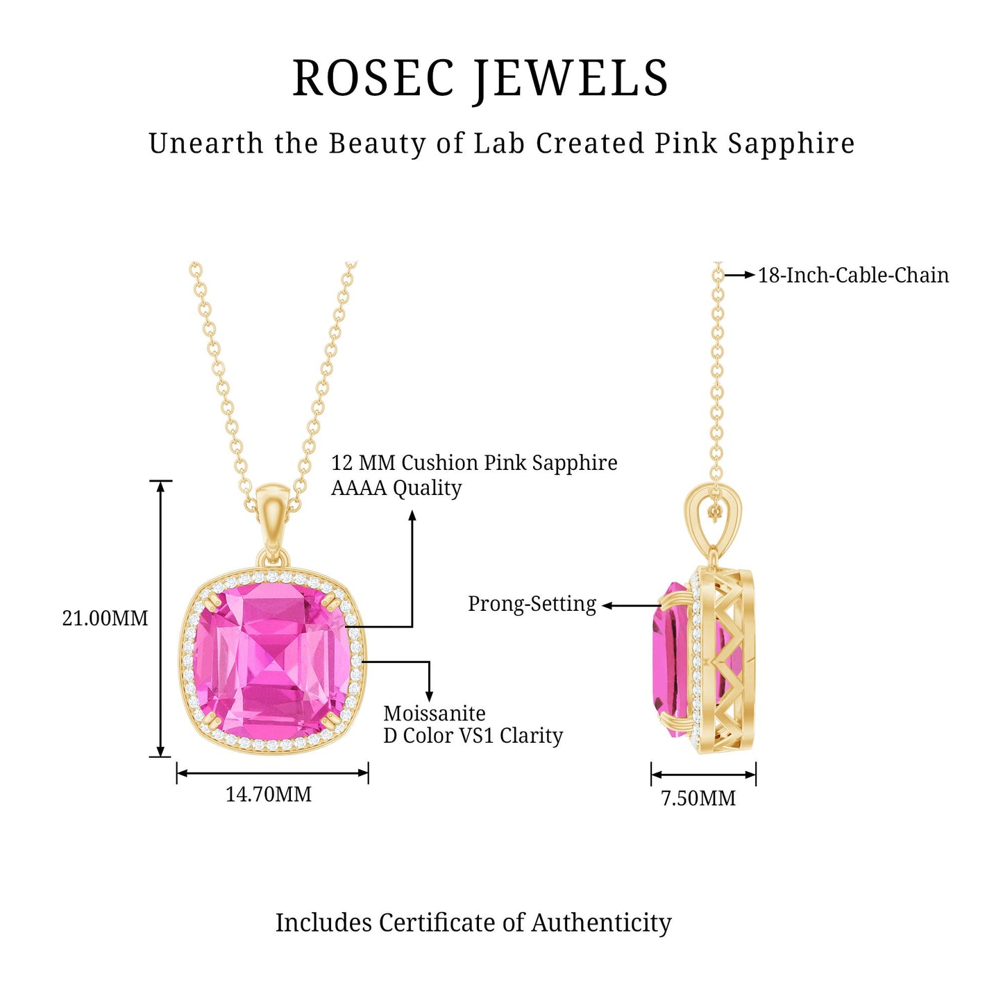 Created Pink Sapphire and Moissanite Halo Pendant Necklace