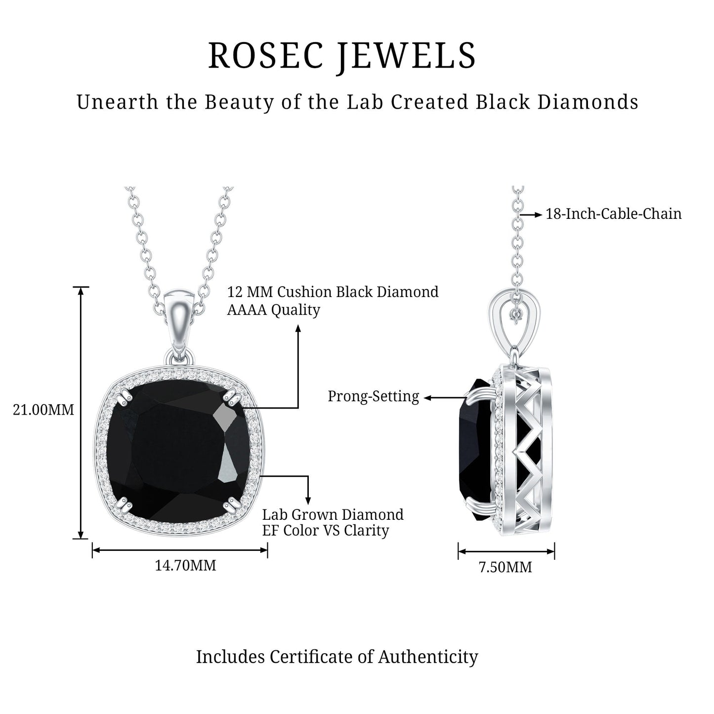 Lab Grown 12MM Black Diamond Cocktail Necklace With Chain