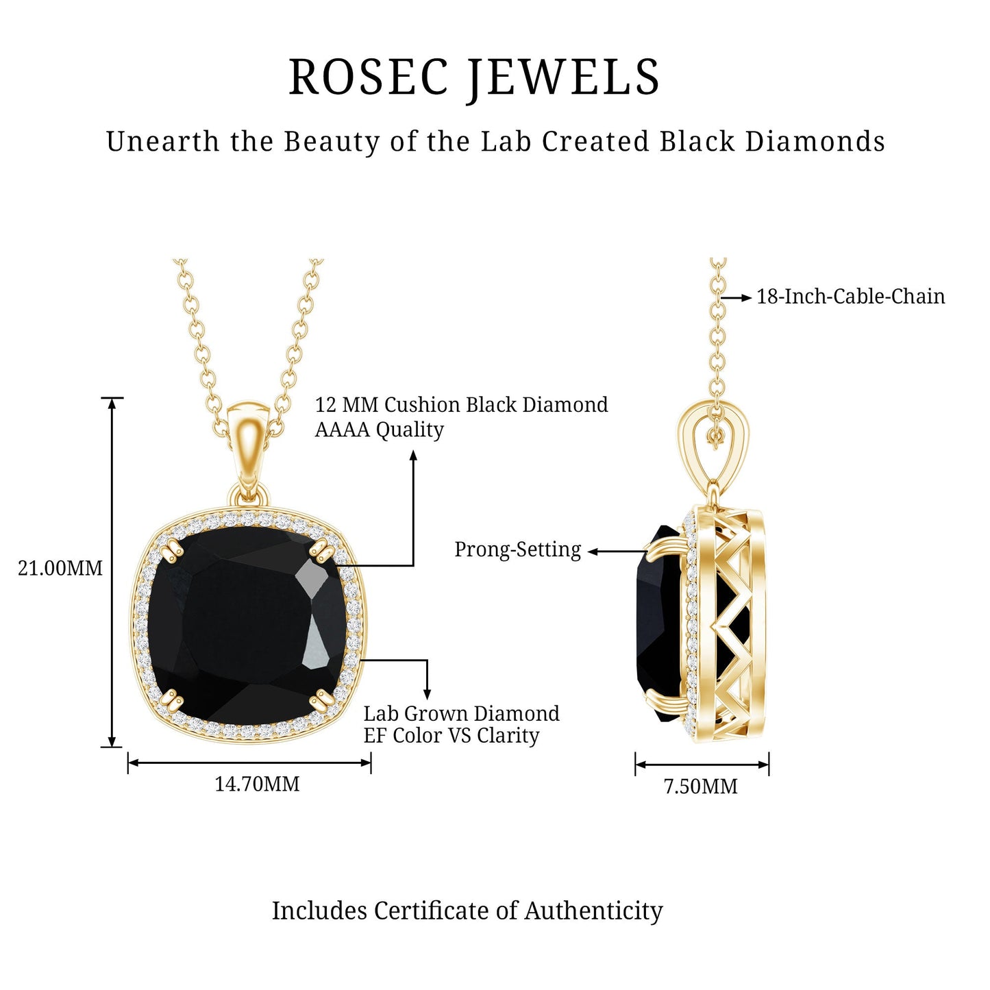 Lab Grown 12MM Black Diamond Cocktail Necklace With Chain