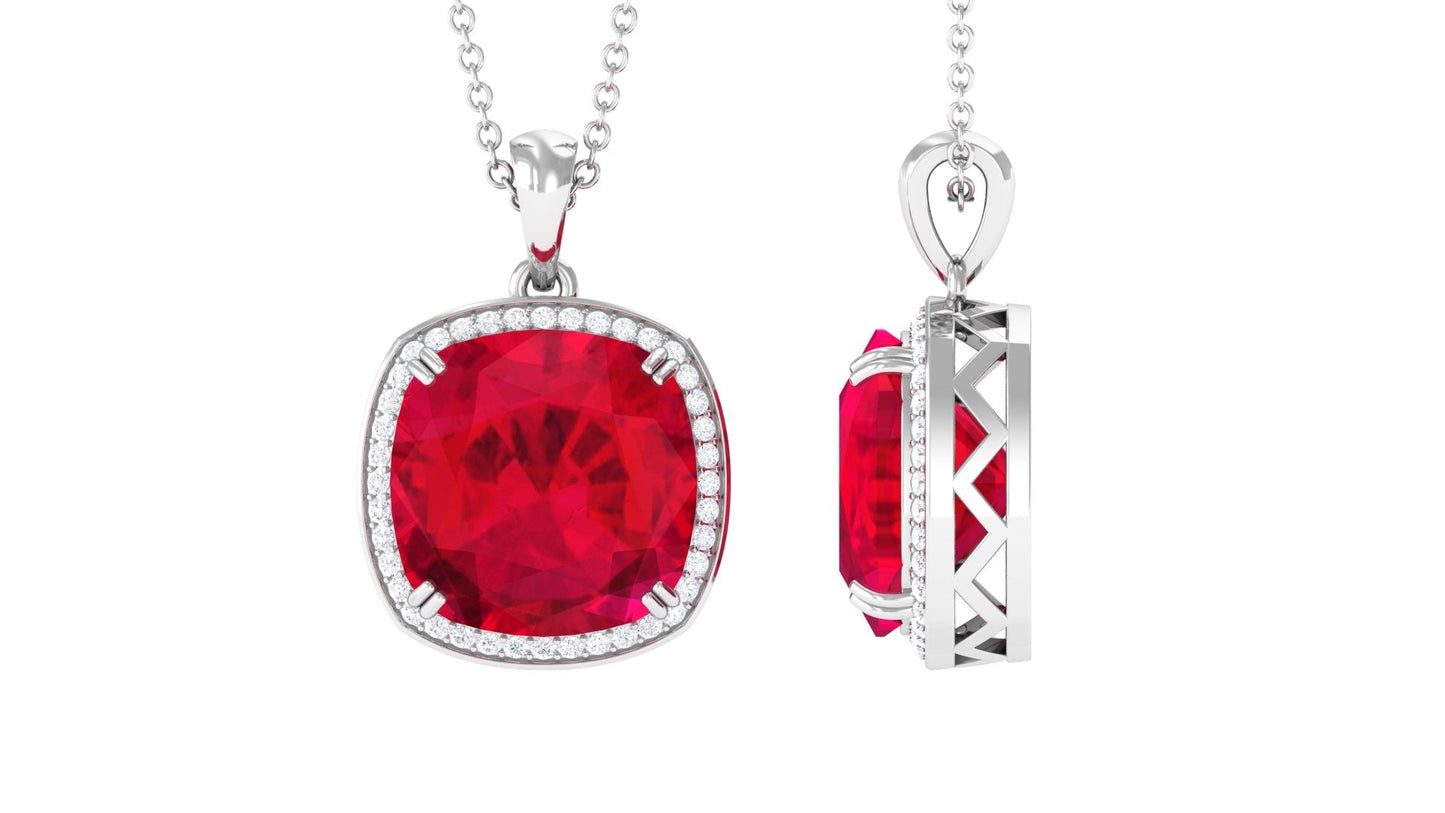 Cushion Cut Lab Grown Ruby Statement Halo Necklace with Moissanite