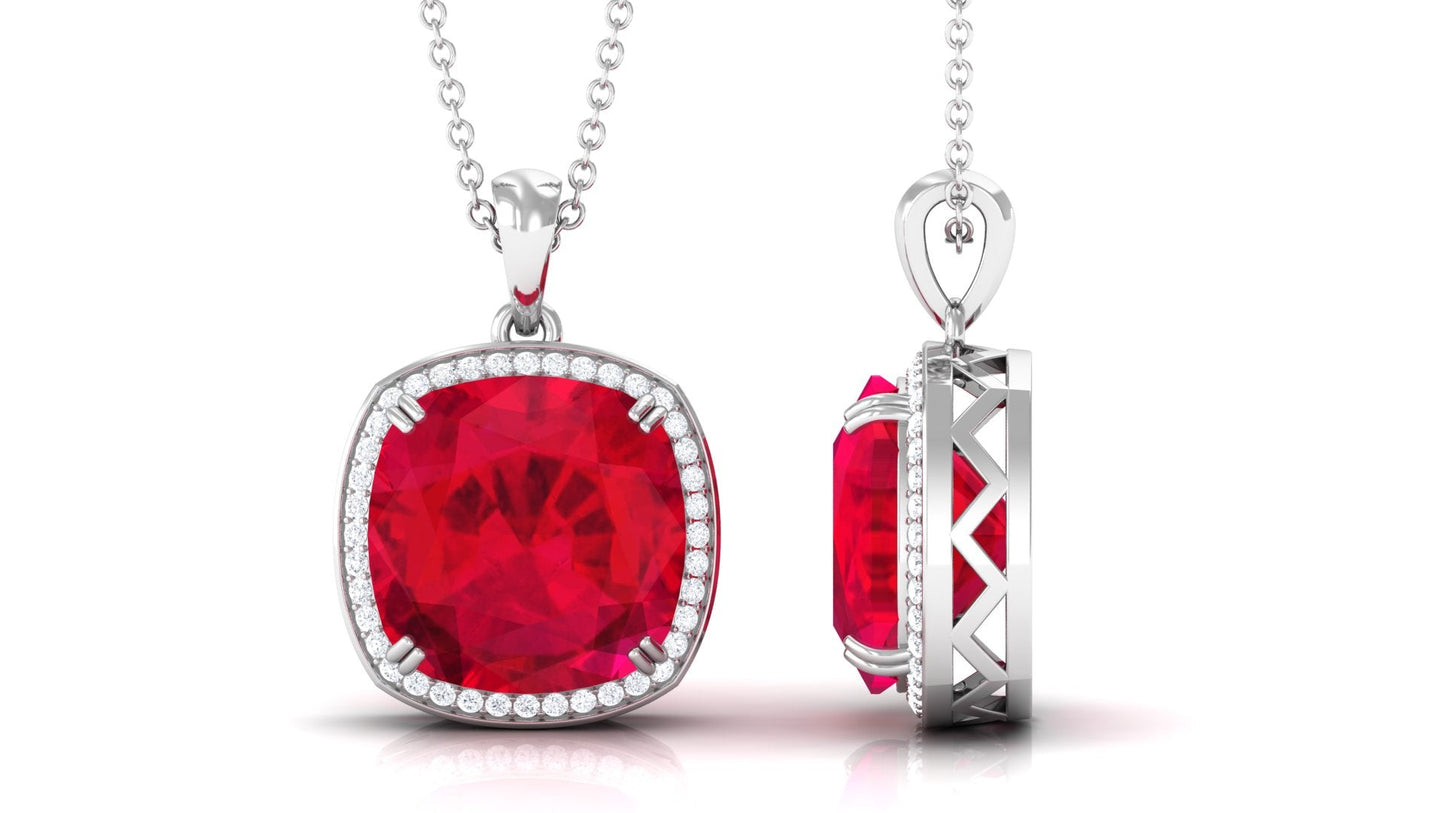 Cushion Cut Lab Grown Ruby Statement Halo Necklace with Moissanite