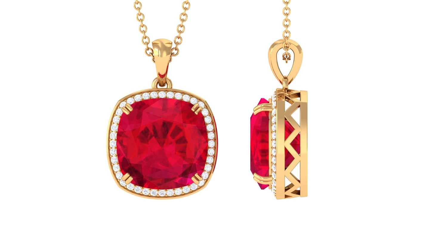 Cushion Cut Lab Grown Ruby Statement Halo Necklace with Moissanite