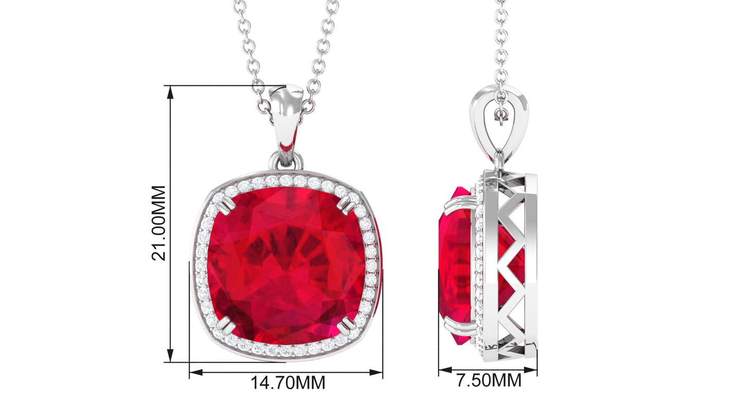 Cushion Cut Lab Grown Ruby Statement Halo Necklace with Moissanite