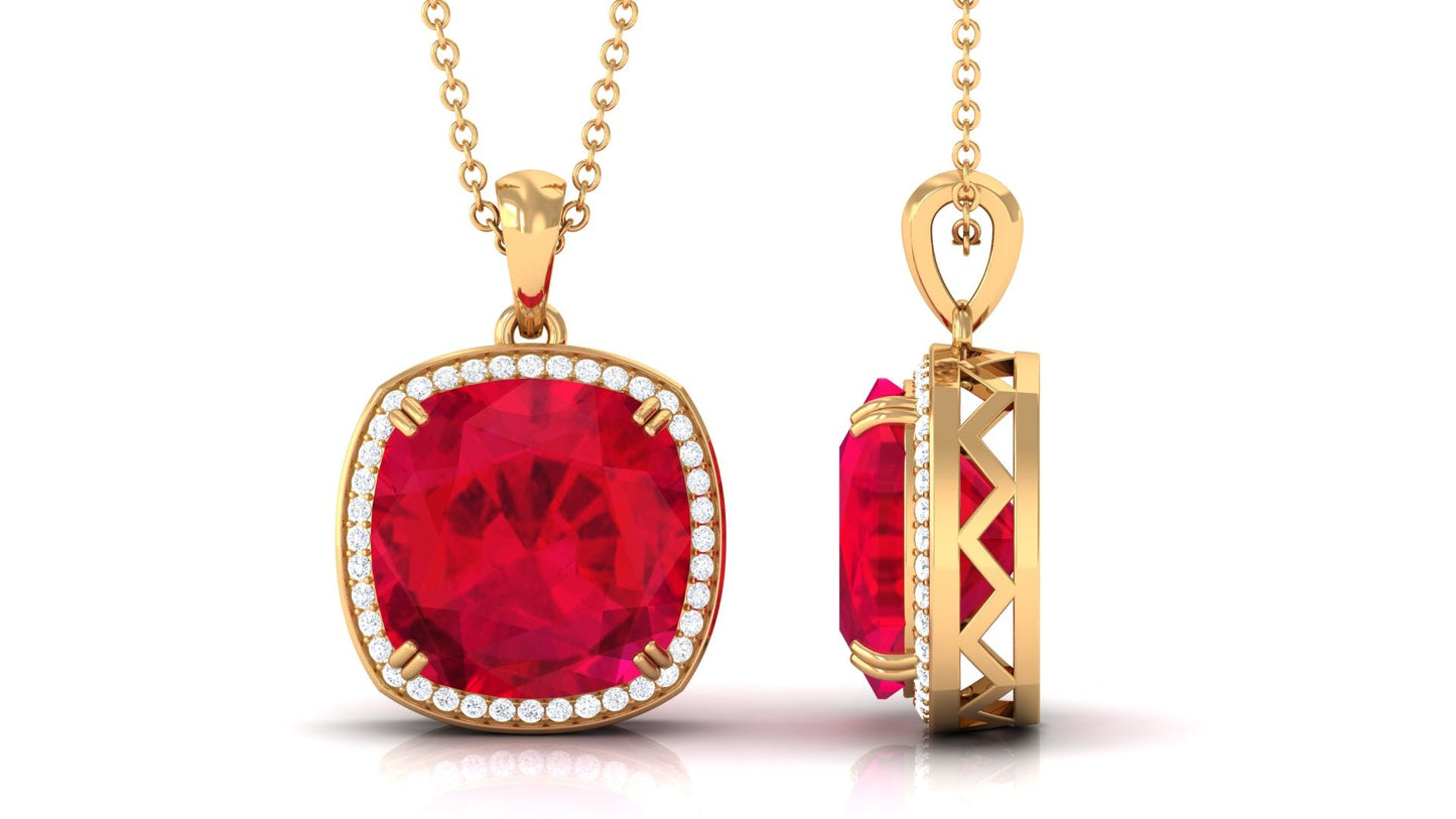 Cushion Cut Lab Grown Ruby Statement Halo Necklace with Moissanite