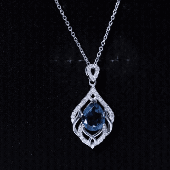 Real 2.2 Carat London Blue Topaz and Diamond Teardrop Necklace with Silver Chain