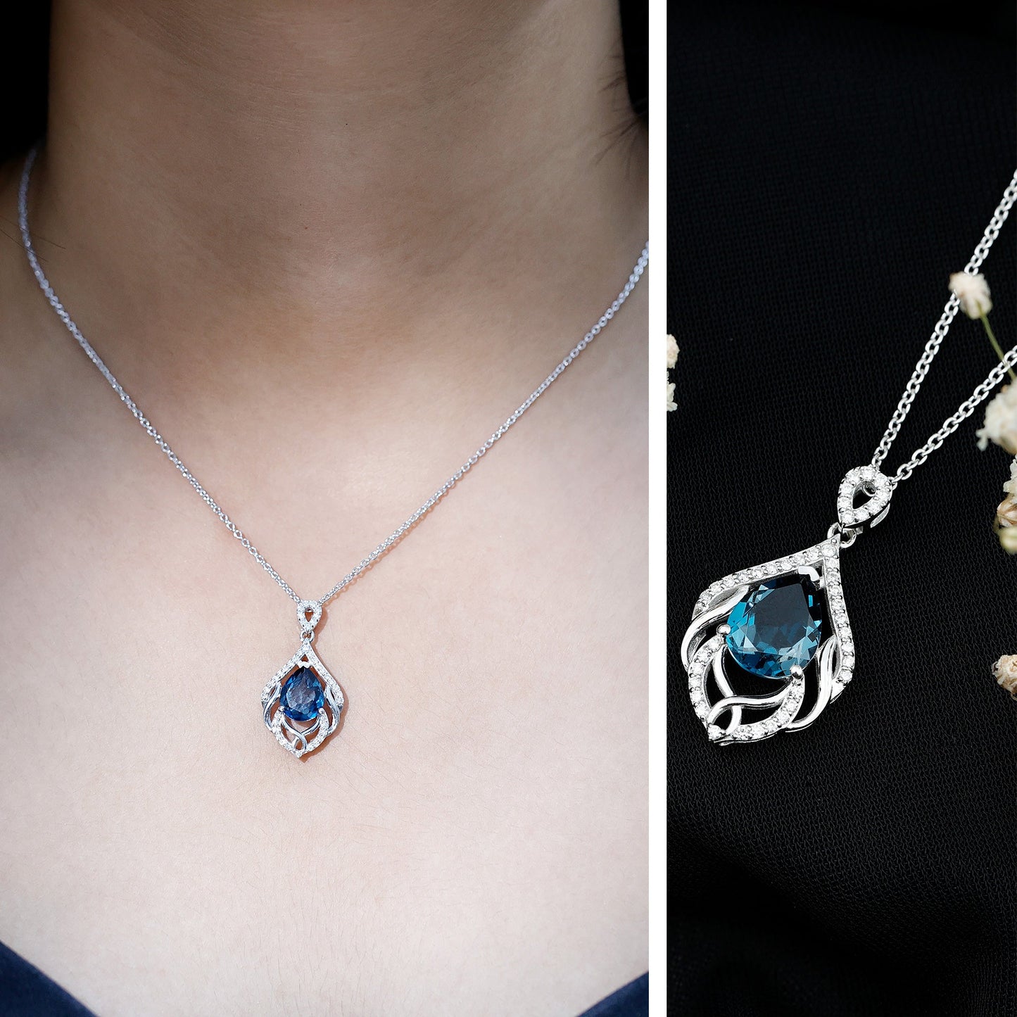 Real 2.2 Carat London Blue Topaz and Diamond Teardrop Necklace with Silver Chain
