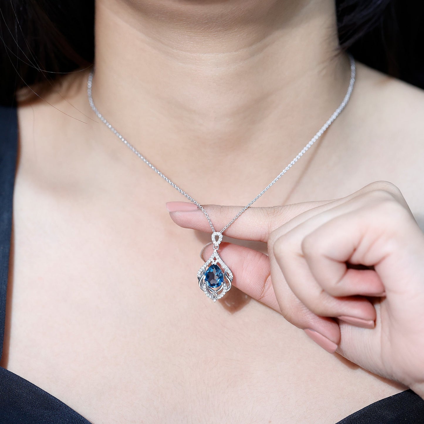 Real 2.2 Carat London Blue Topaz and Diamond Teardrop Necklace with Silver Chain