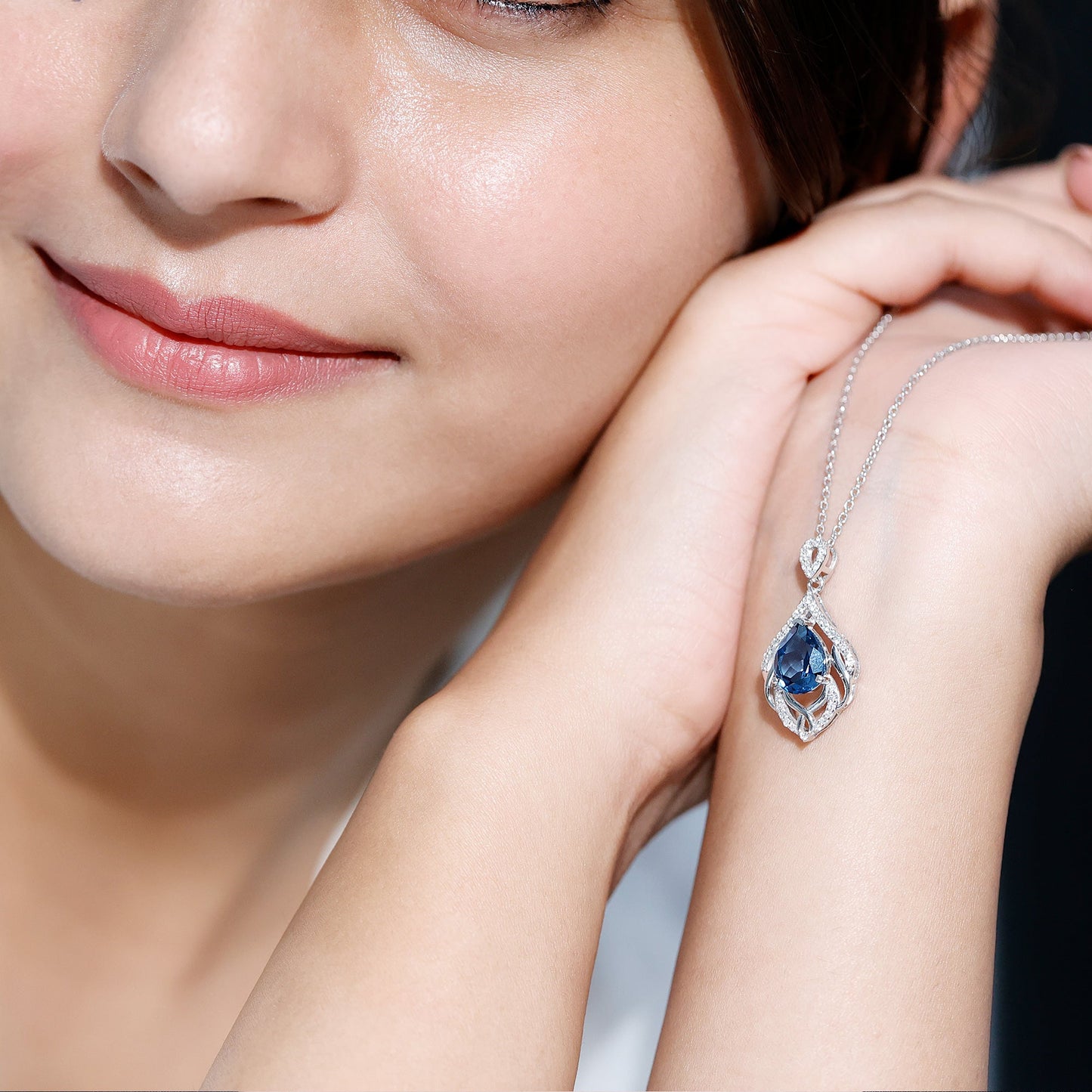 Real 2.2 Carat London Blue Topaz and Diamond Teardrop Necklace with Silver Chain