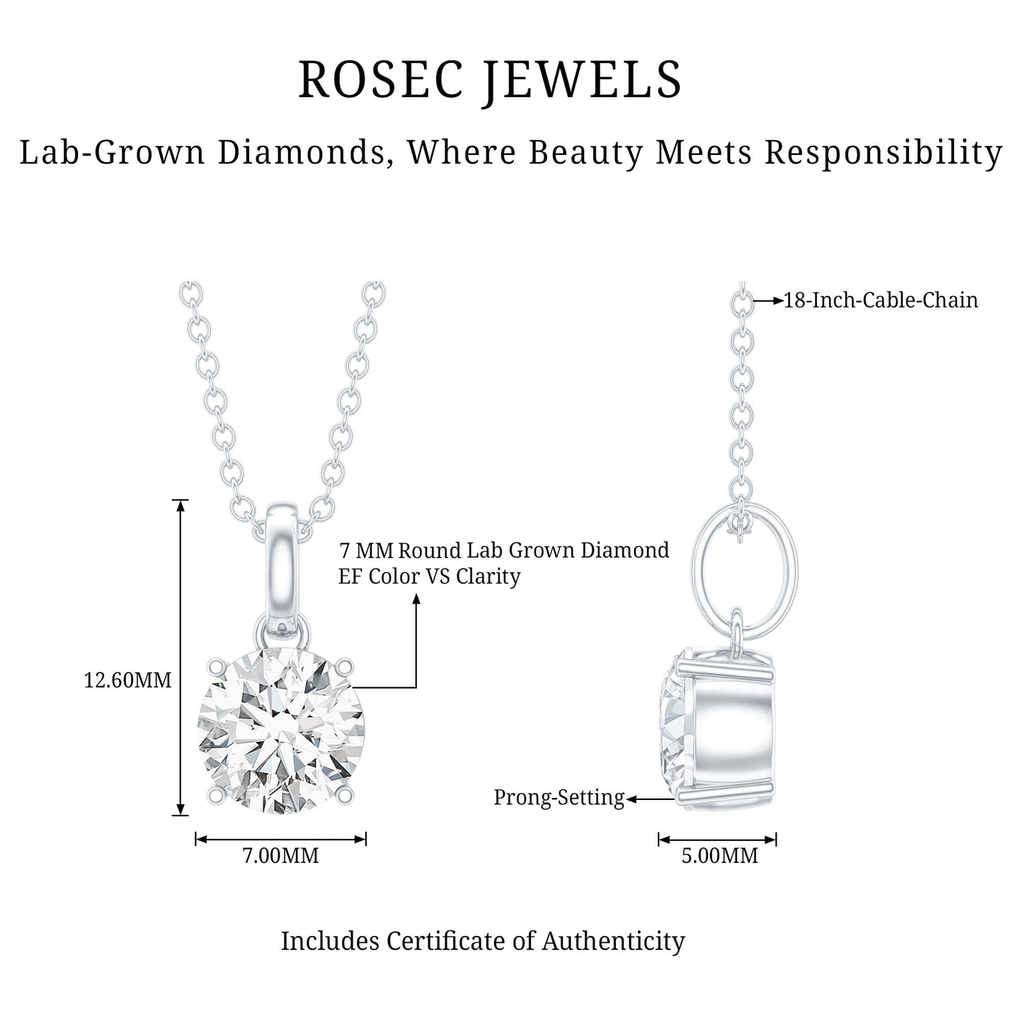 Lab Grown 1 Carat Single Diamond Necklace For Women