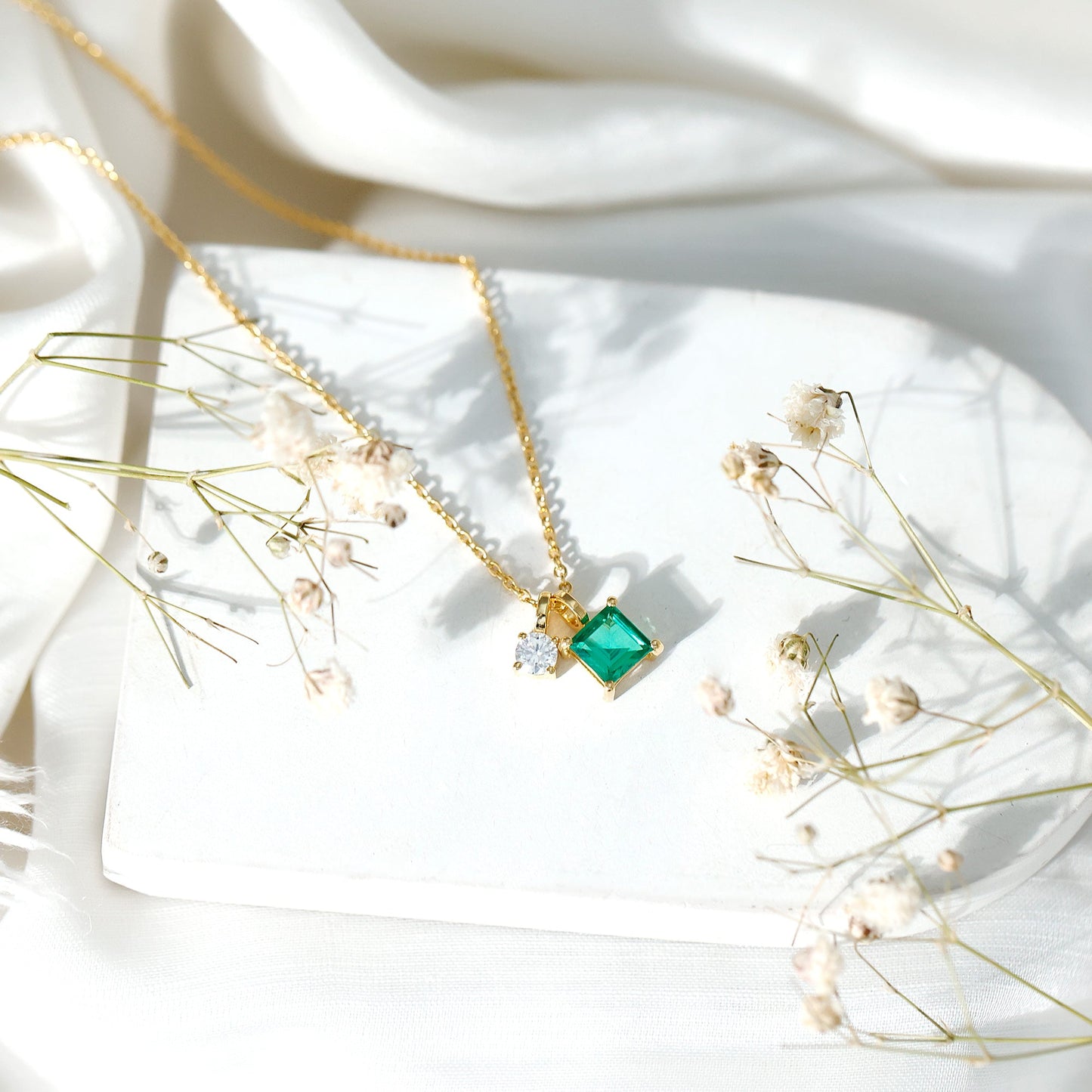 1.2 CT Princess Cut Lab Created Emerald Promise Necklace With Chain