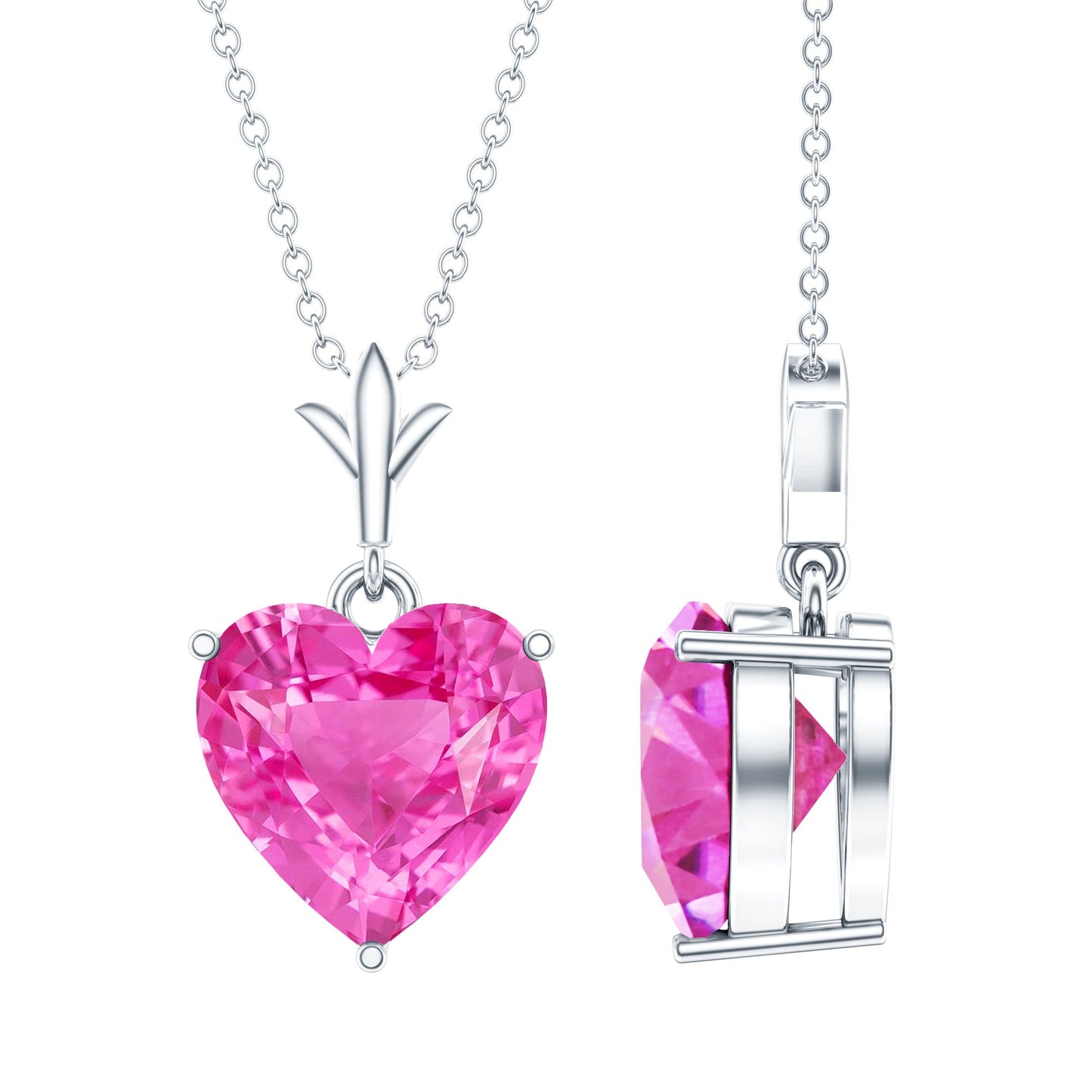 Certified 3.5 Carat Lab Created Pink Sapphire Heart Necklace with Silver Chain