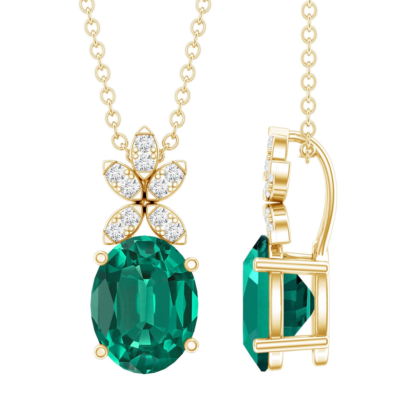 2 Carat Oval Lab Grown Emerald Wedding Necklace with Diamond Flower