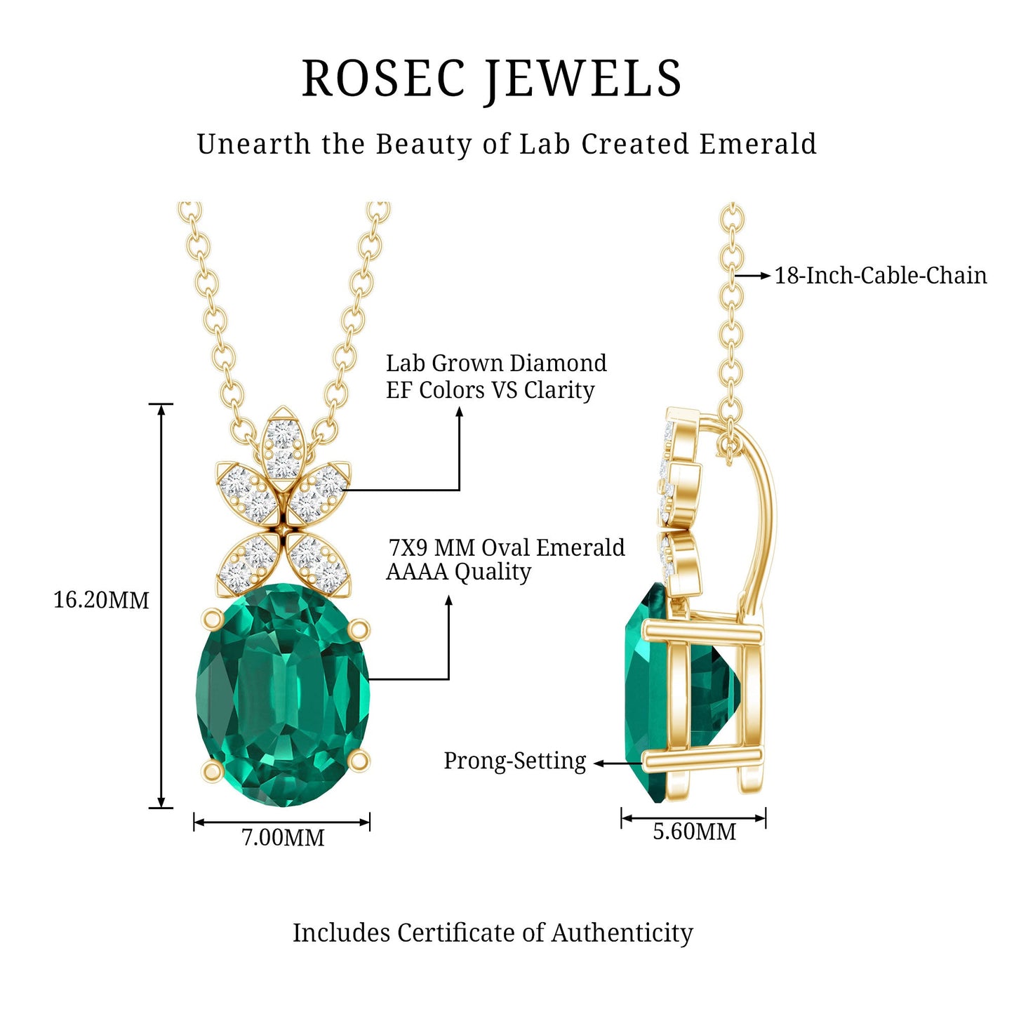 2 Carat Oval Lab Grown Emerald Wedding Necklace with Diamond Flower