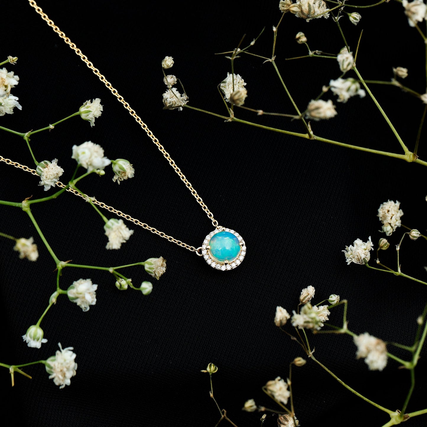 7MM Ethiopian Opal and Diamond Halo Necklace in Silver