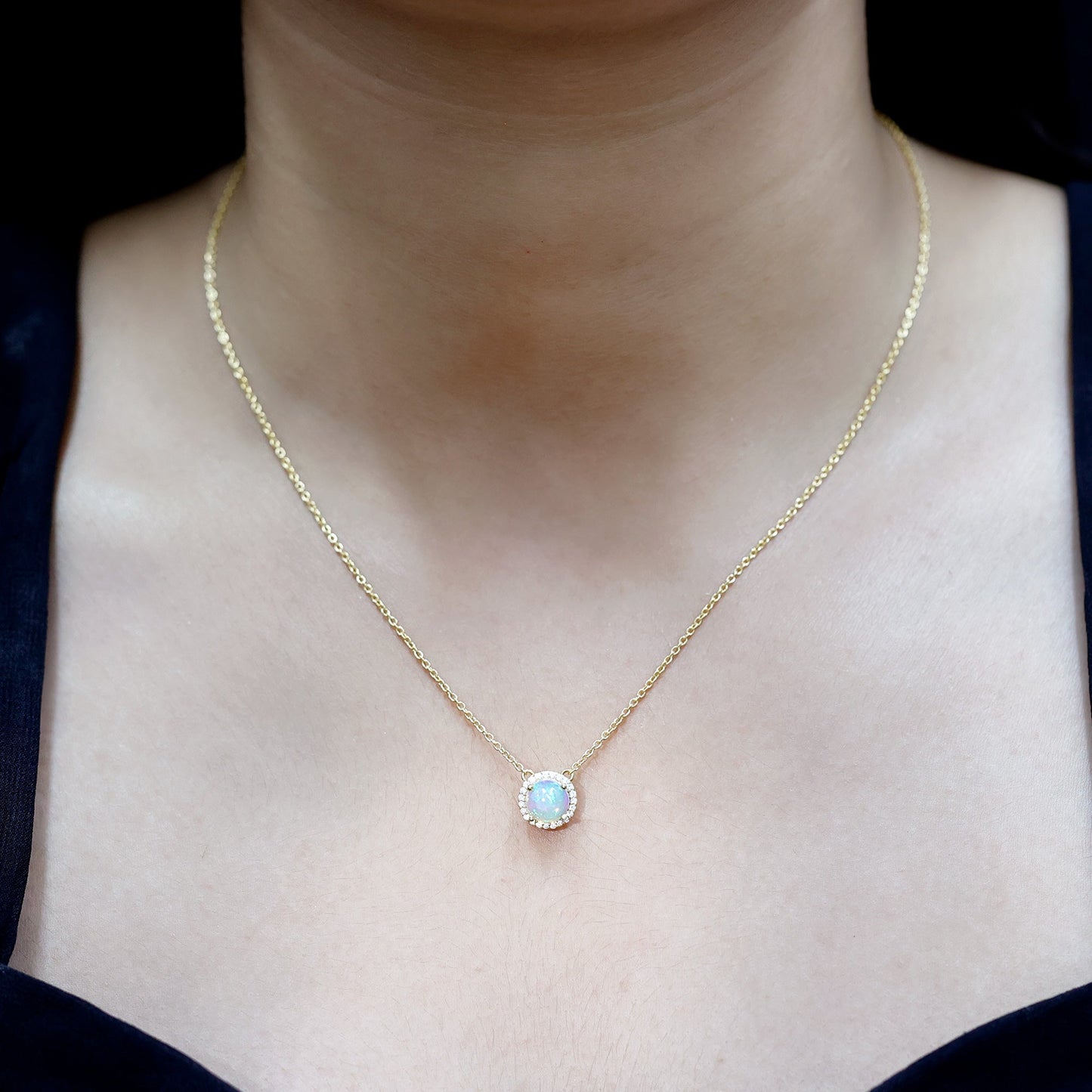 7MM Ethiopian Opal and Diamond Halo Necklace in Silver
