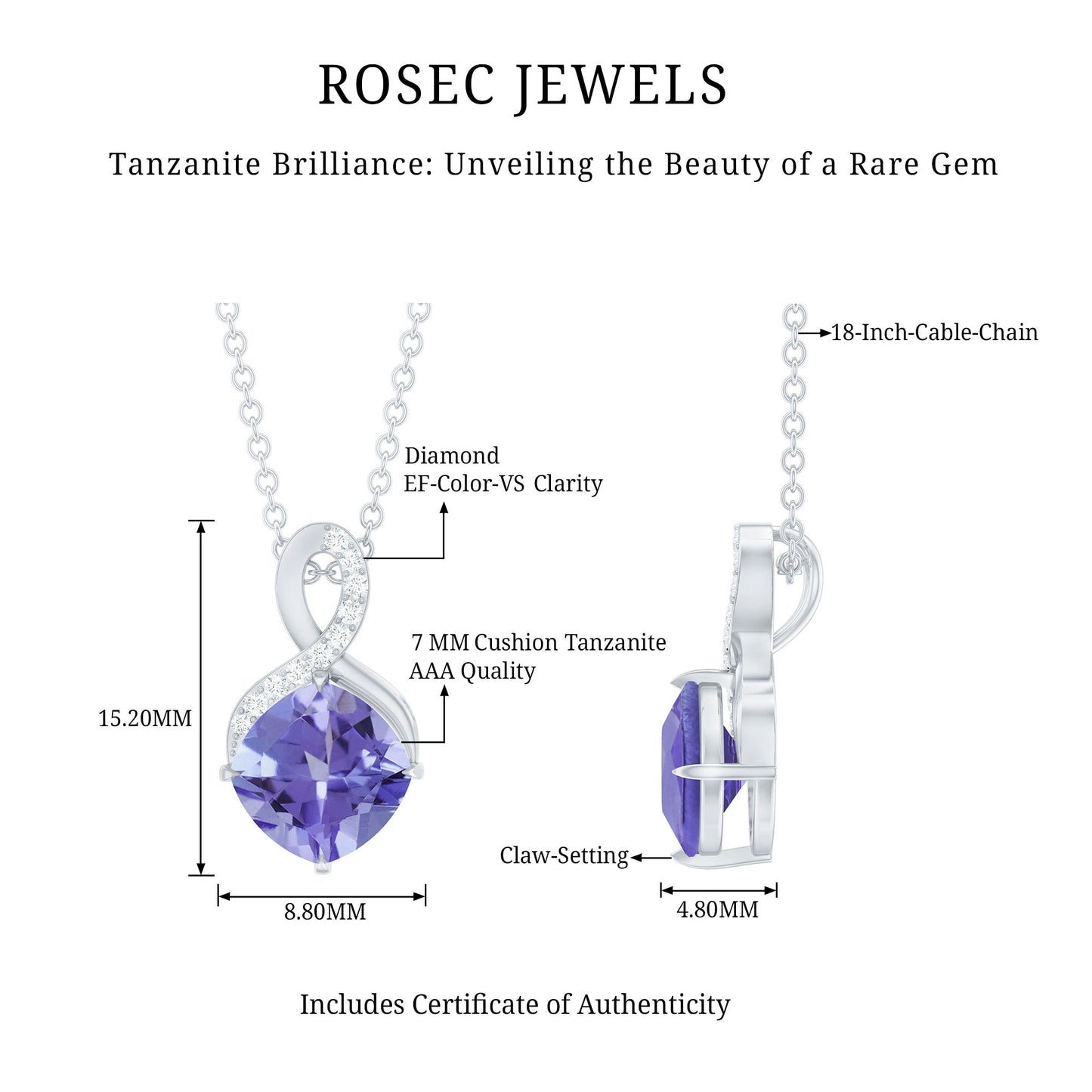 Genuine 1.89 Carat Tanzanite Infinity Necklace with Silver Chain
