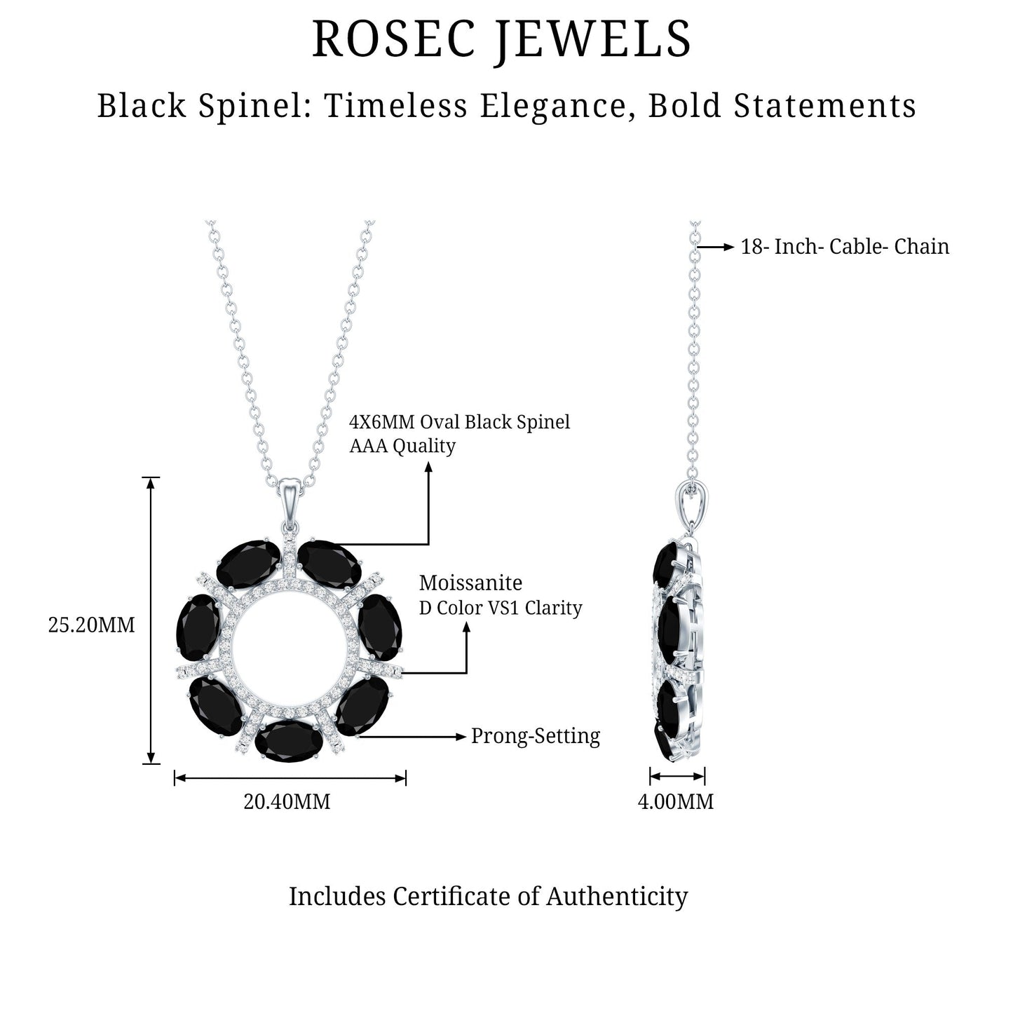 3 CT Oval Cut Black Spinel Elegant Pendant with Moissanite
