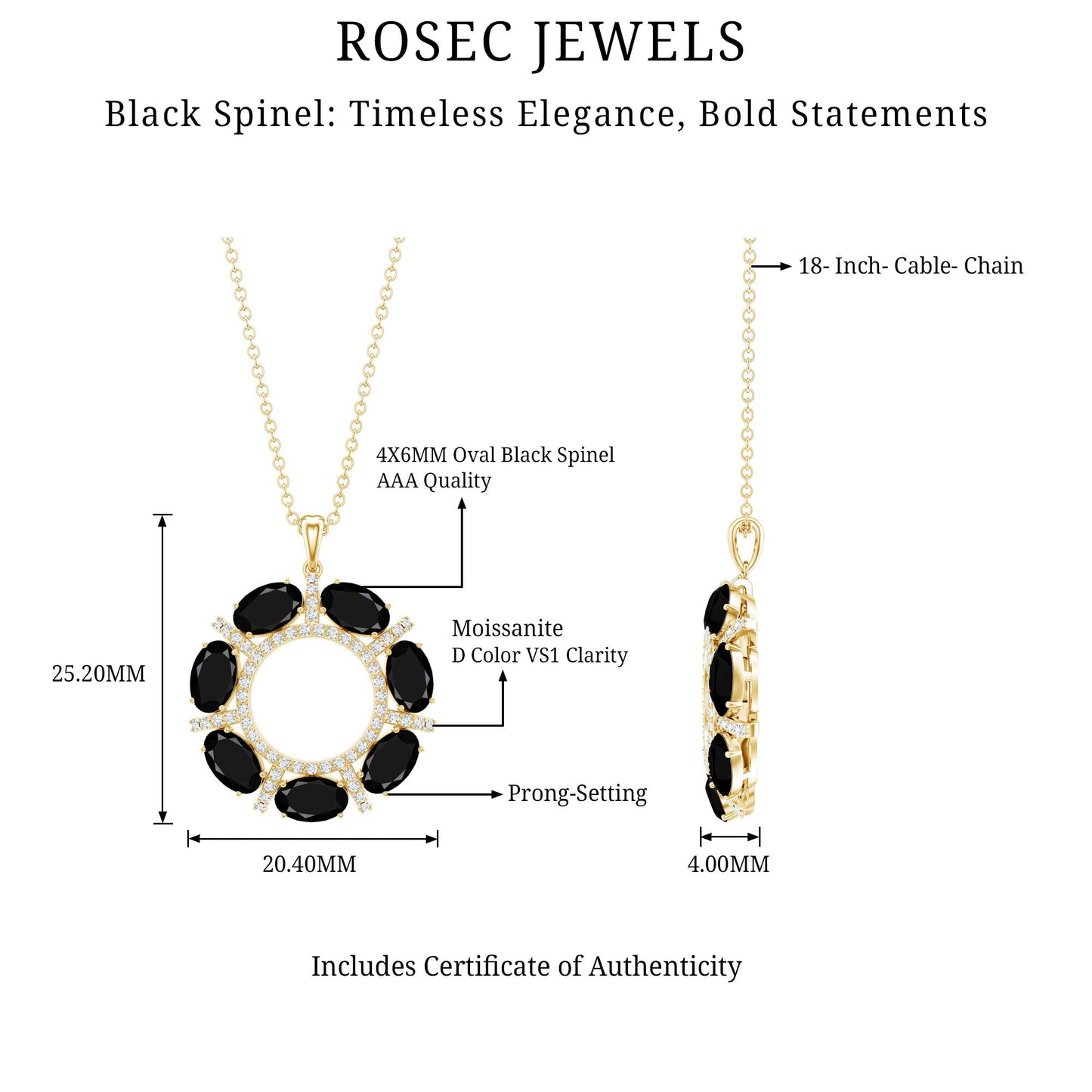 3 CT Oval Cut Black Spinel Elegant Pendant with Moissanite