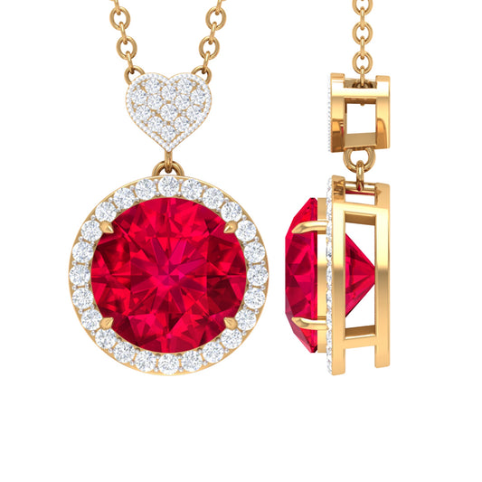 Lab Created Ruby Halo Necklace with Diamond Heart