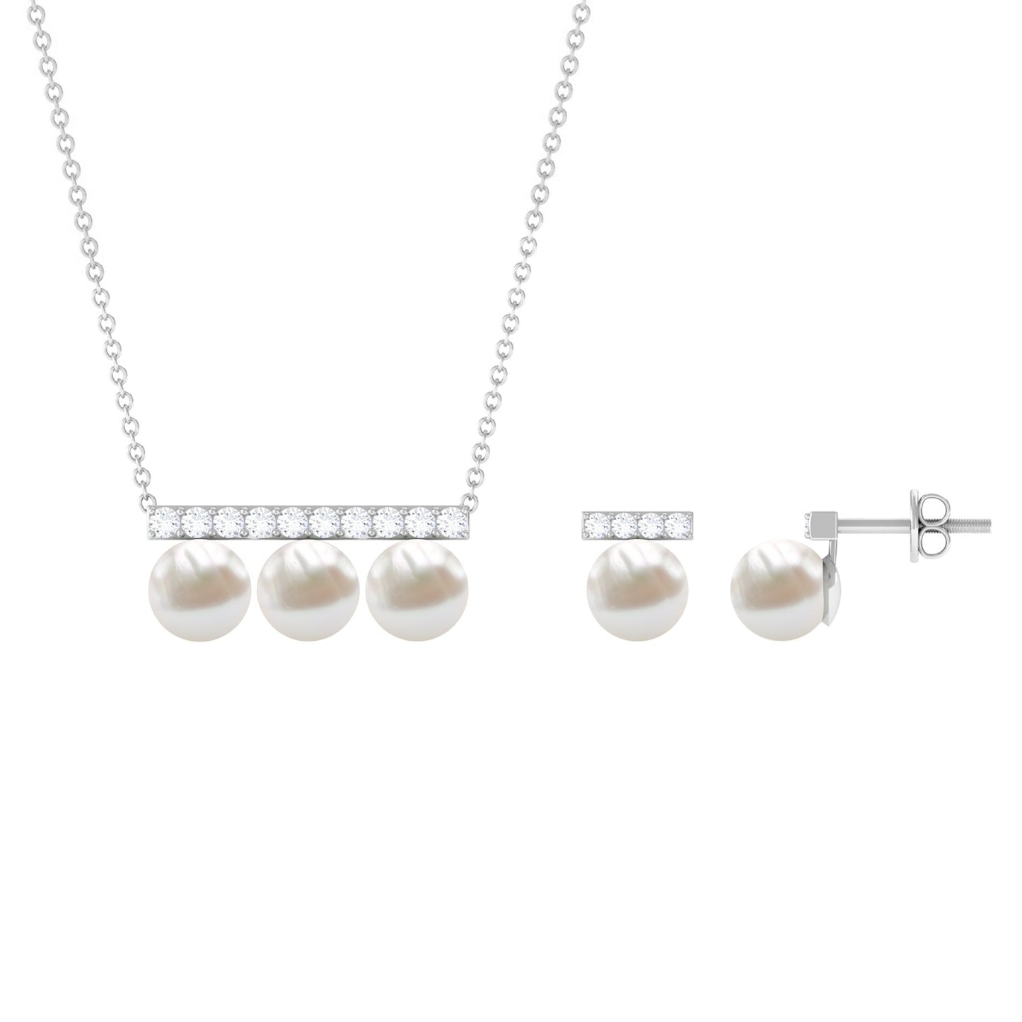 11.75 CT Freshwater Pearl Classic Three Stone Bar jewelry Set with Diamond