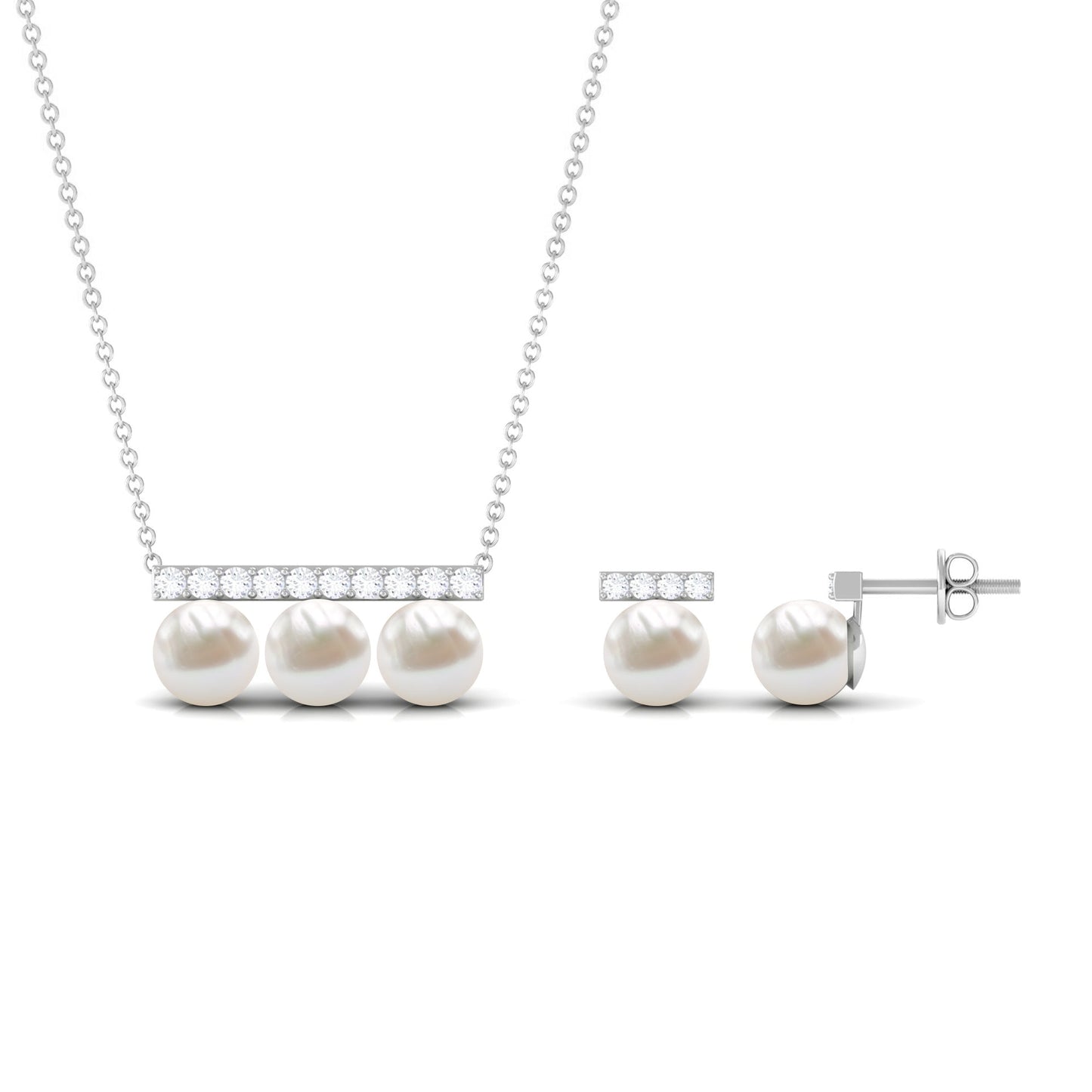 11.75 CT Freshwater Pearl Classic Three Stone Bar jewelry Set with Diamond