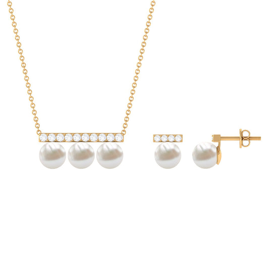 11.75 CT Freshwater Pearl Classic Three Stone Bar jewelry Set with Diamond