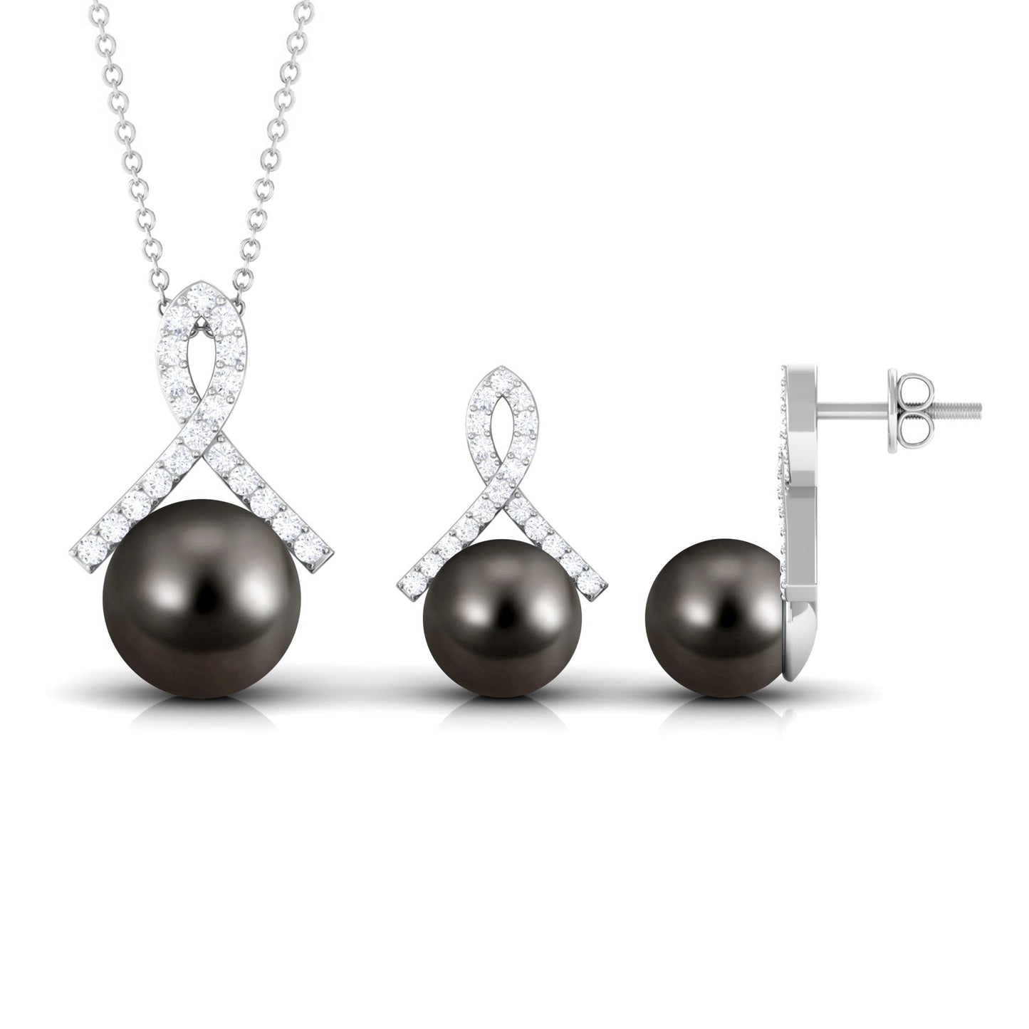 Solitaire Tahitian Pearl Pendant and Earrings Set with Moissanite